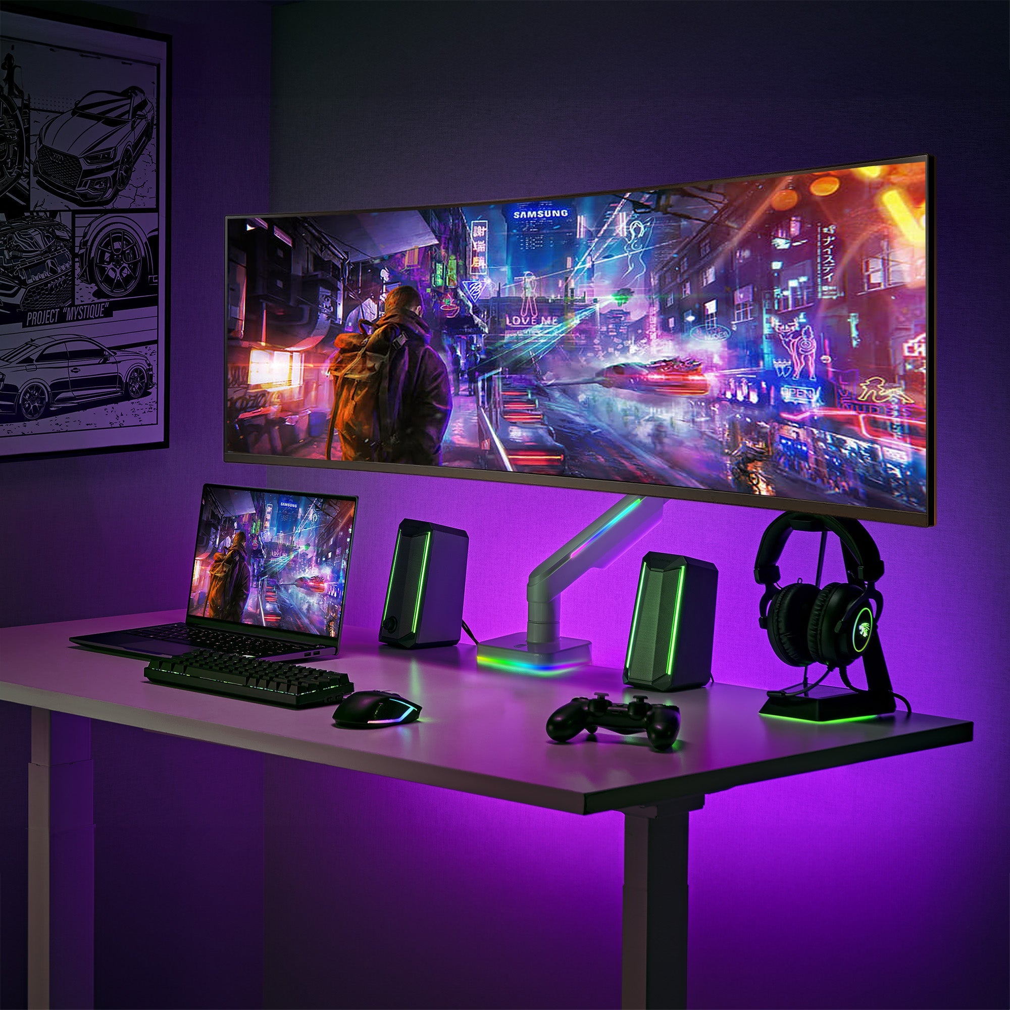 AVLT RGB Button Gaming Single 49-inch Monitor Arm - White