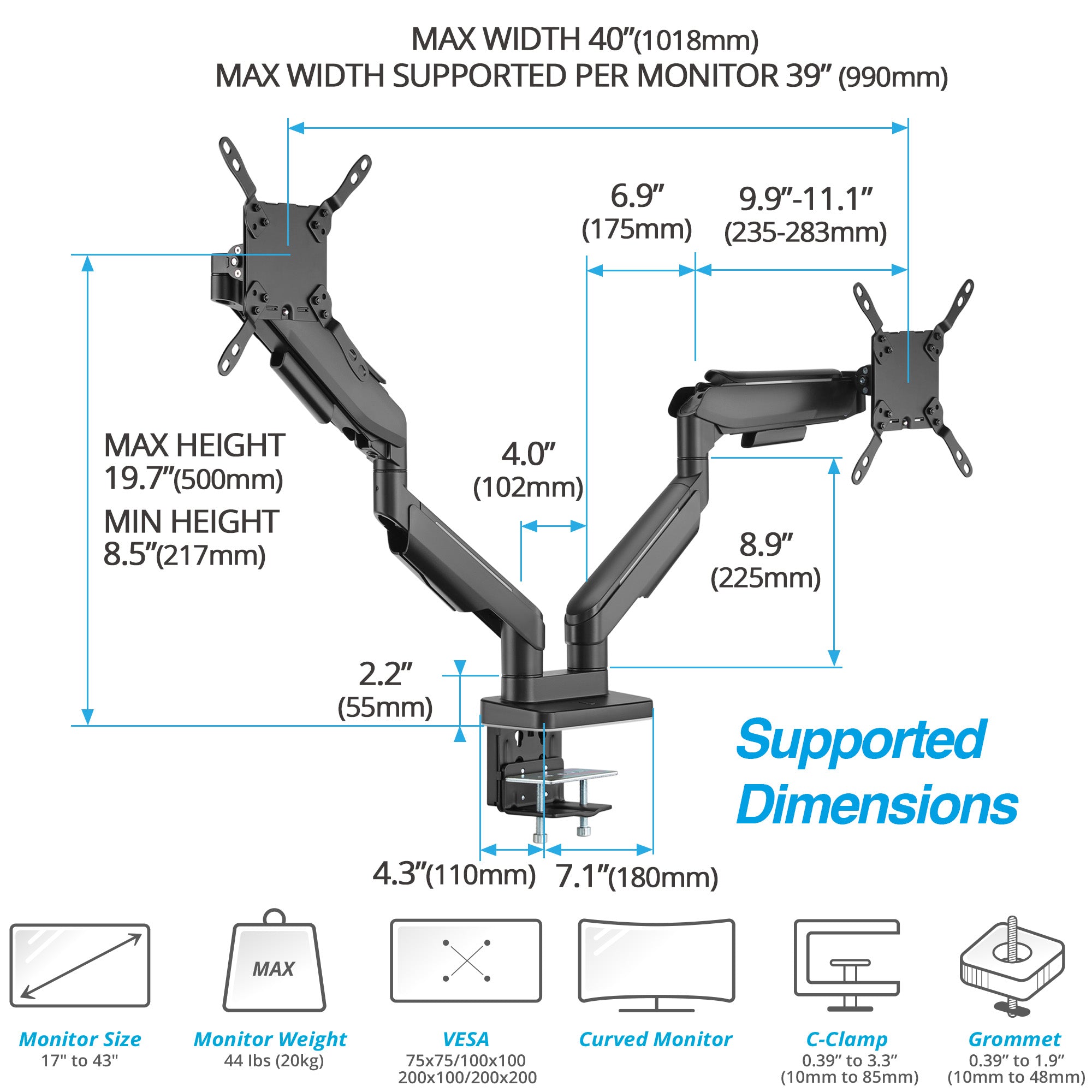 AVLT RGB Button Gaming Dual 43-inch Monitor Arm - Black