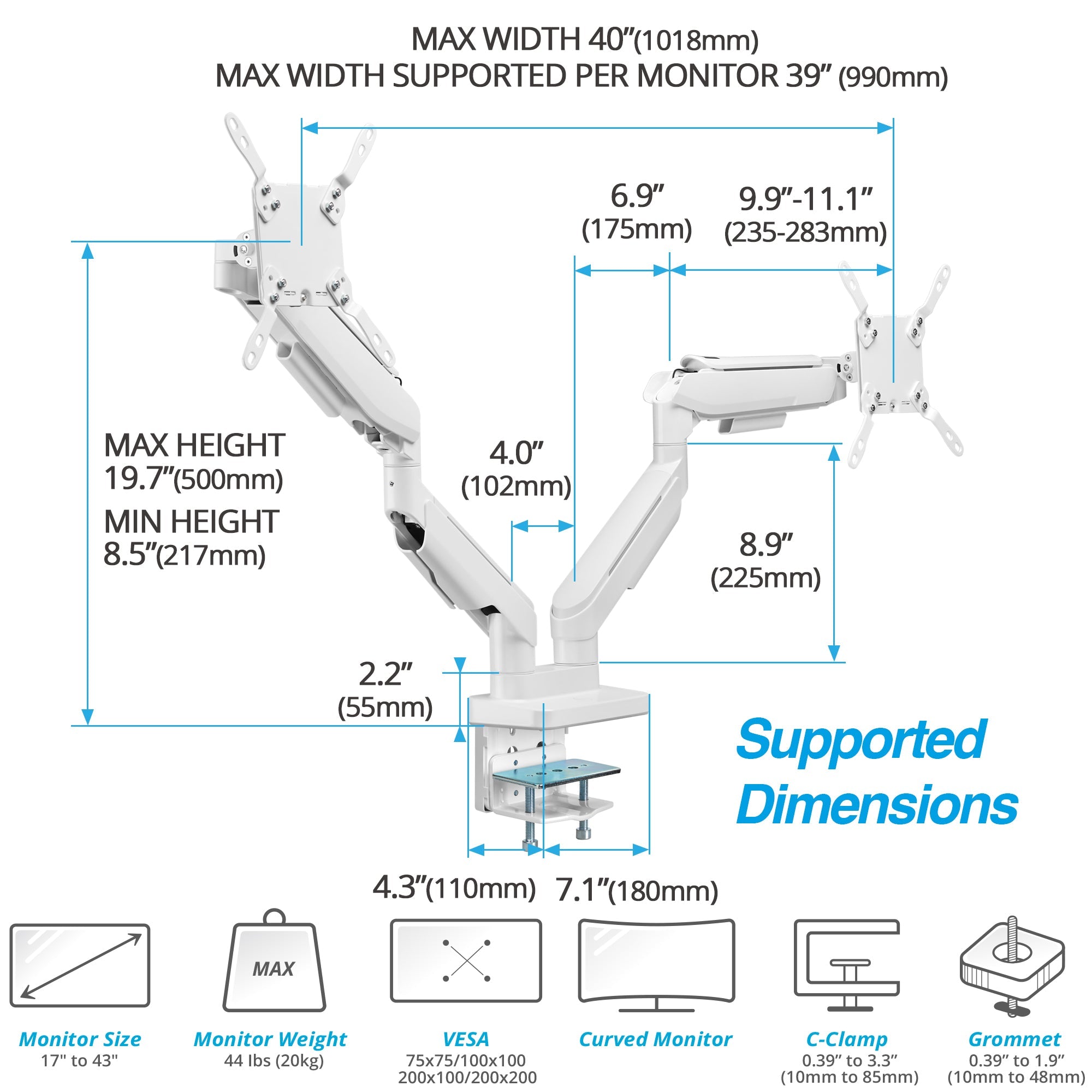 AVLT RGB Button Gaming Dual 43-inch Monitor Arm - White