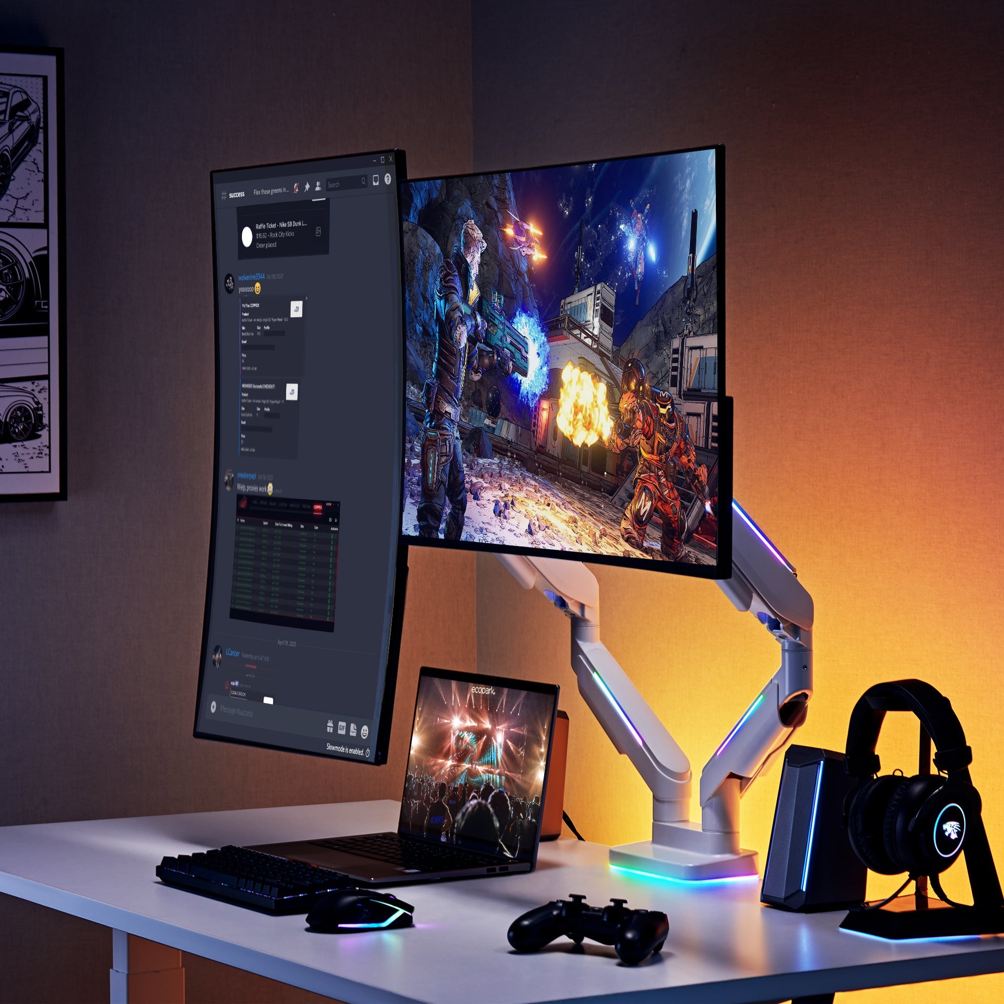 AVLT RGB Button Gaming Dual 43-inch Monitor Arm - White