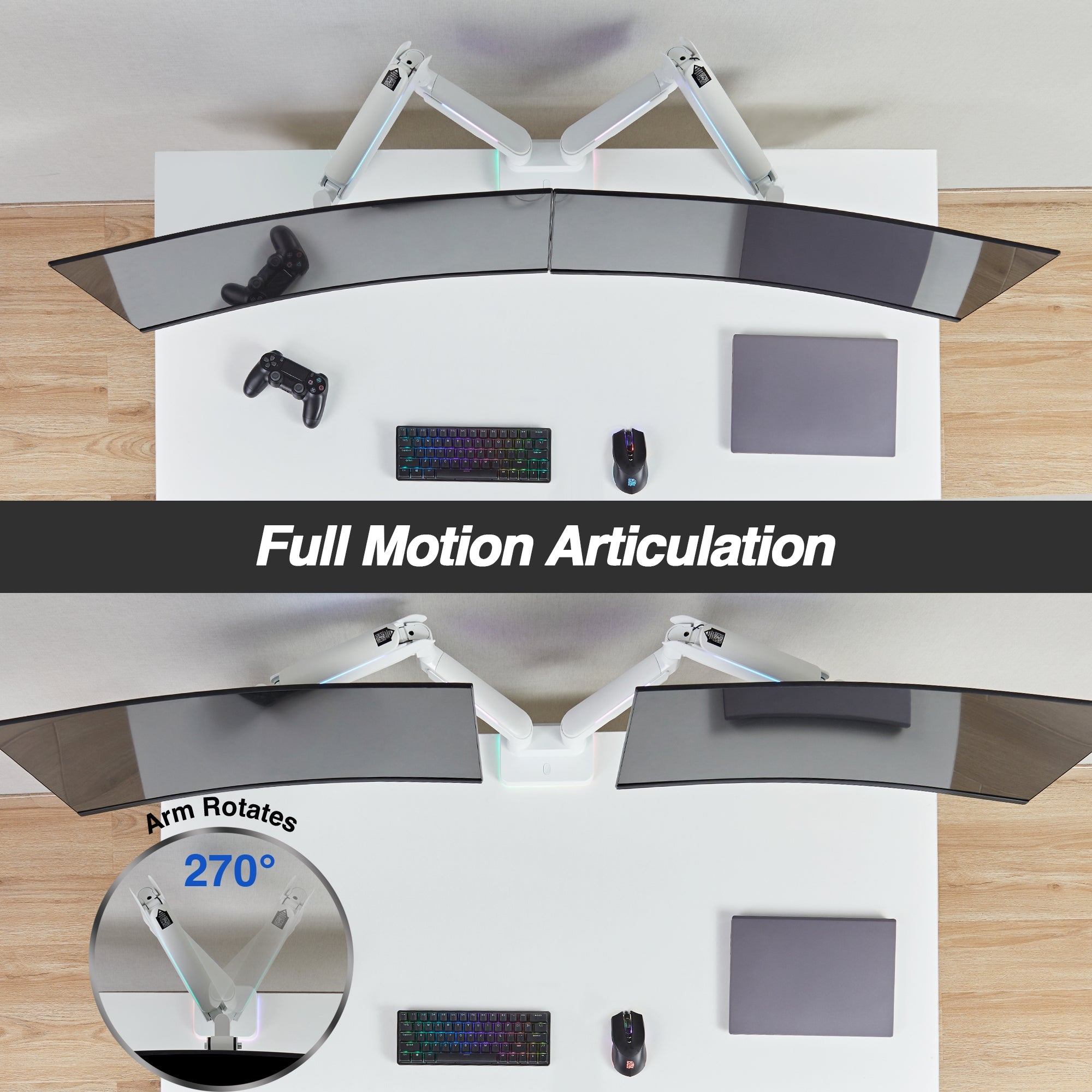 AVLT RGB Button Gaming Dual 43-inch Monitor Arm - White
