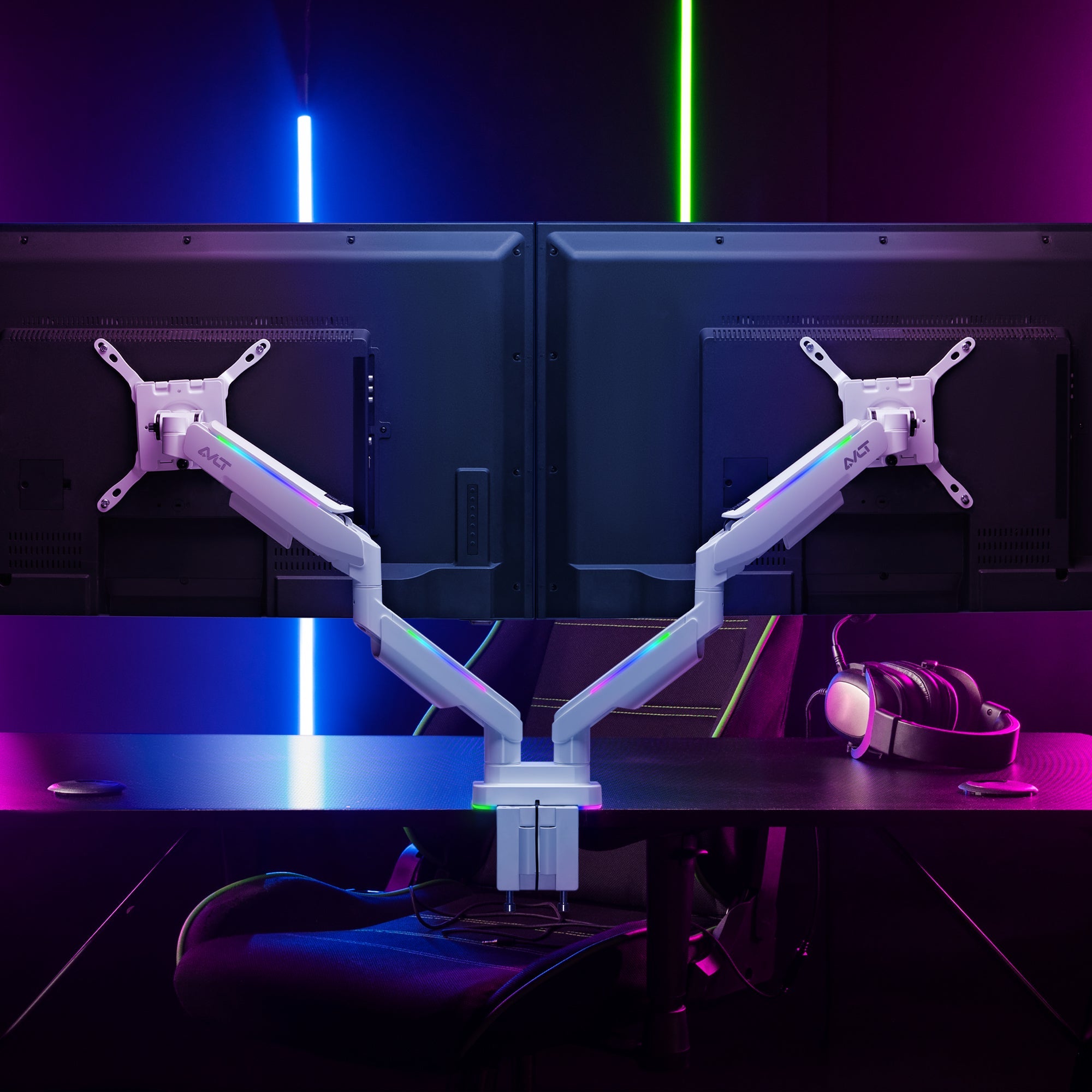 AVLT RGB Button Gaming Dual 43-inch Monitor Arm - White