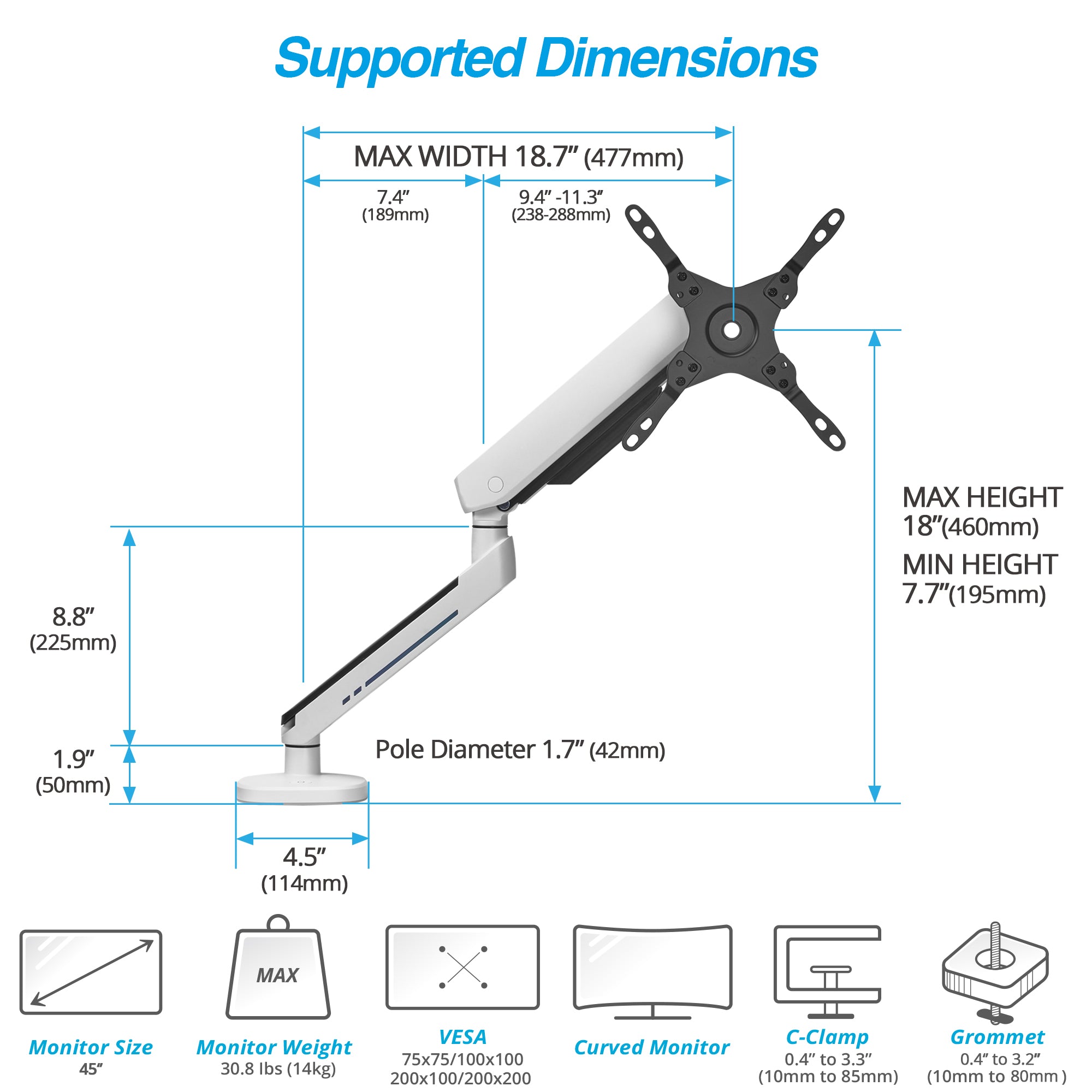 AVLT Single 45-inch Monitor Desk Mount Touch Control RGB Gaming Lights - White