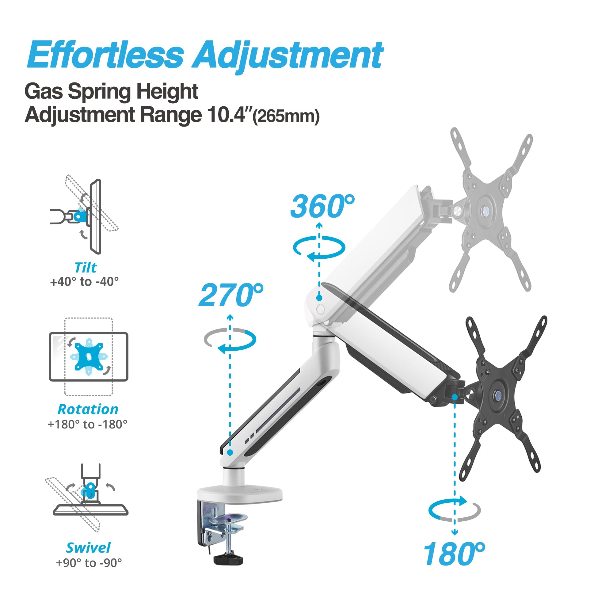 AVLT Single 45-inch Monitor Desk Mount Touch Control RGB Gaming Lights - White