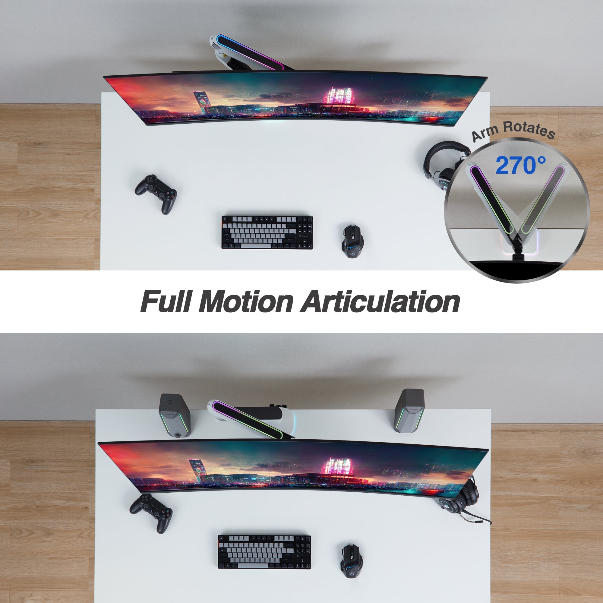 AVLT Single 45-inch Monitor Desk Mount Touch Control RGB Gaming Lights - White