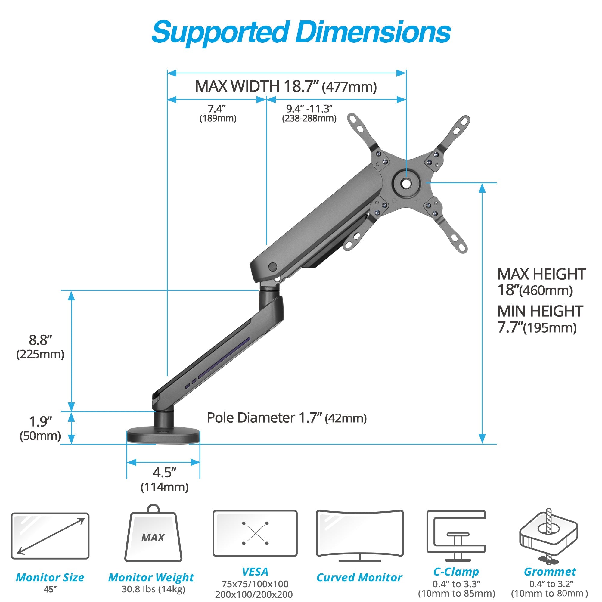 AVLT Single 45-inch Monitor Desk Mount Touch Control RGB Gaming Lights - Gray