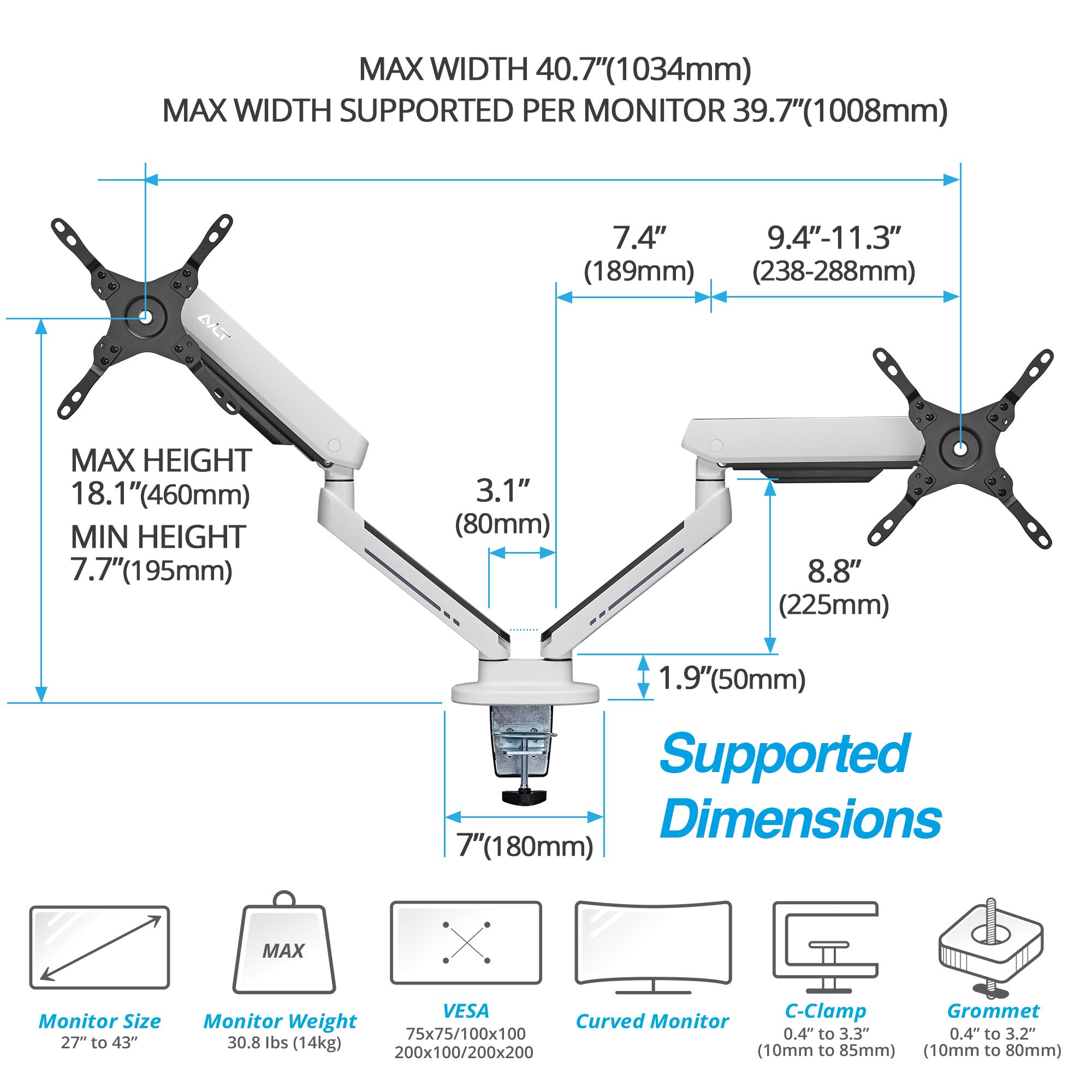 AVLT Dual 43-inch Monitor Desk Mount Touch Control RGB Gaming Lights - White