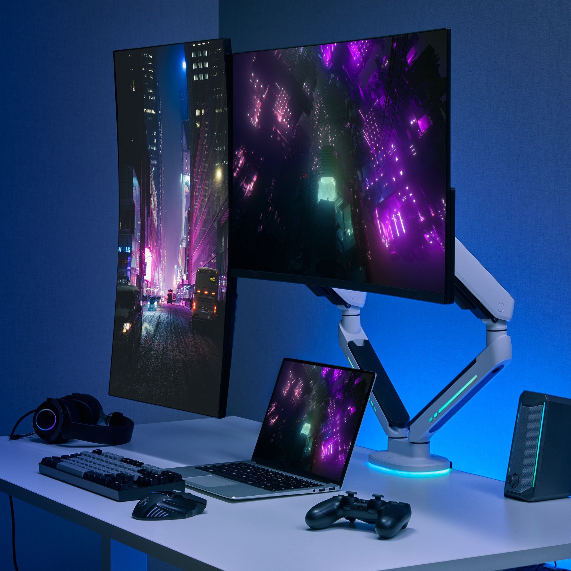 AVLT Dual 43-inch Monitor Desk Mount Touch Control RGB Gaming Lights - White