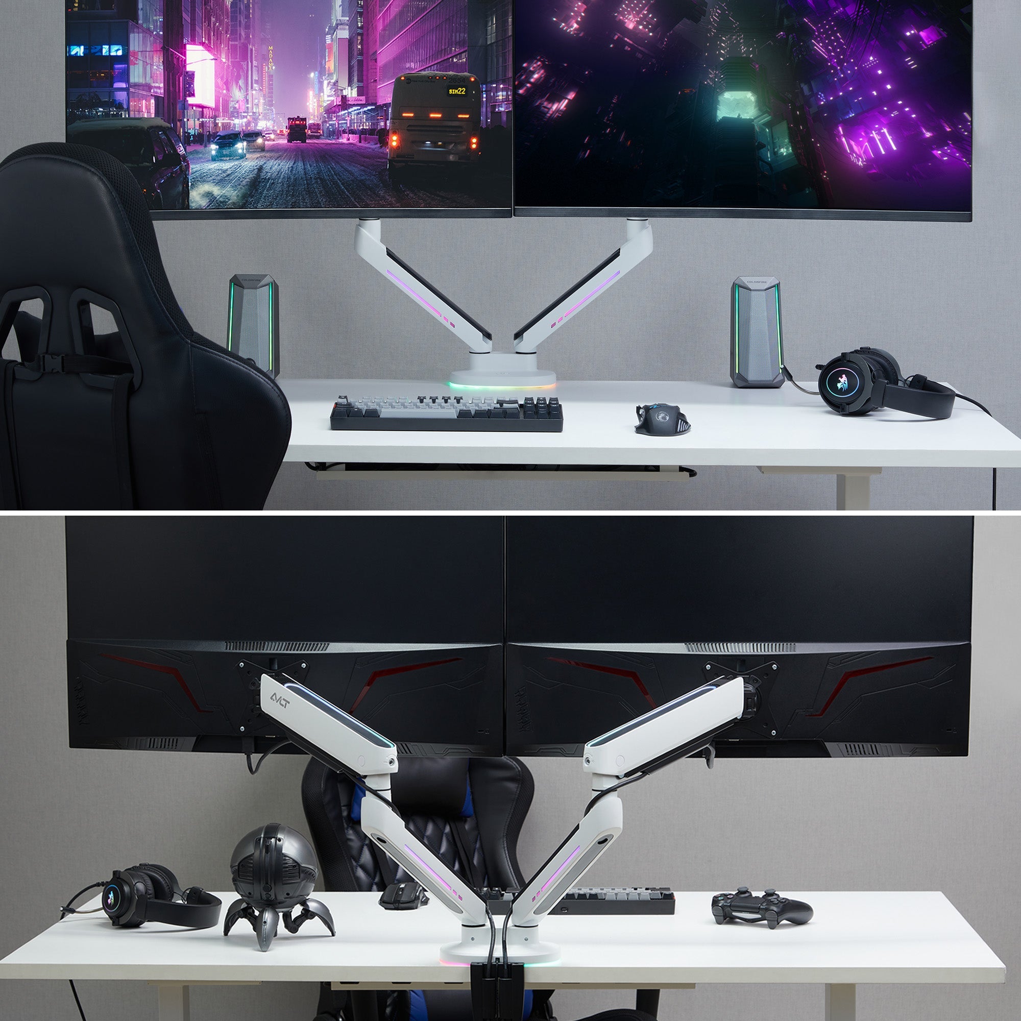 AVLT Dual 43-inch Monitor Desk Mount Touch Control RGB Gaming Lights - White