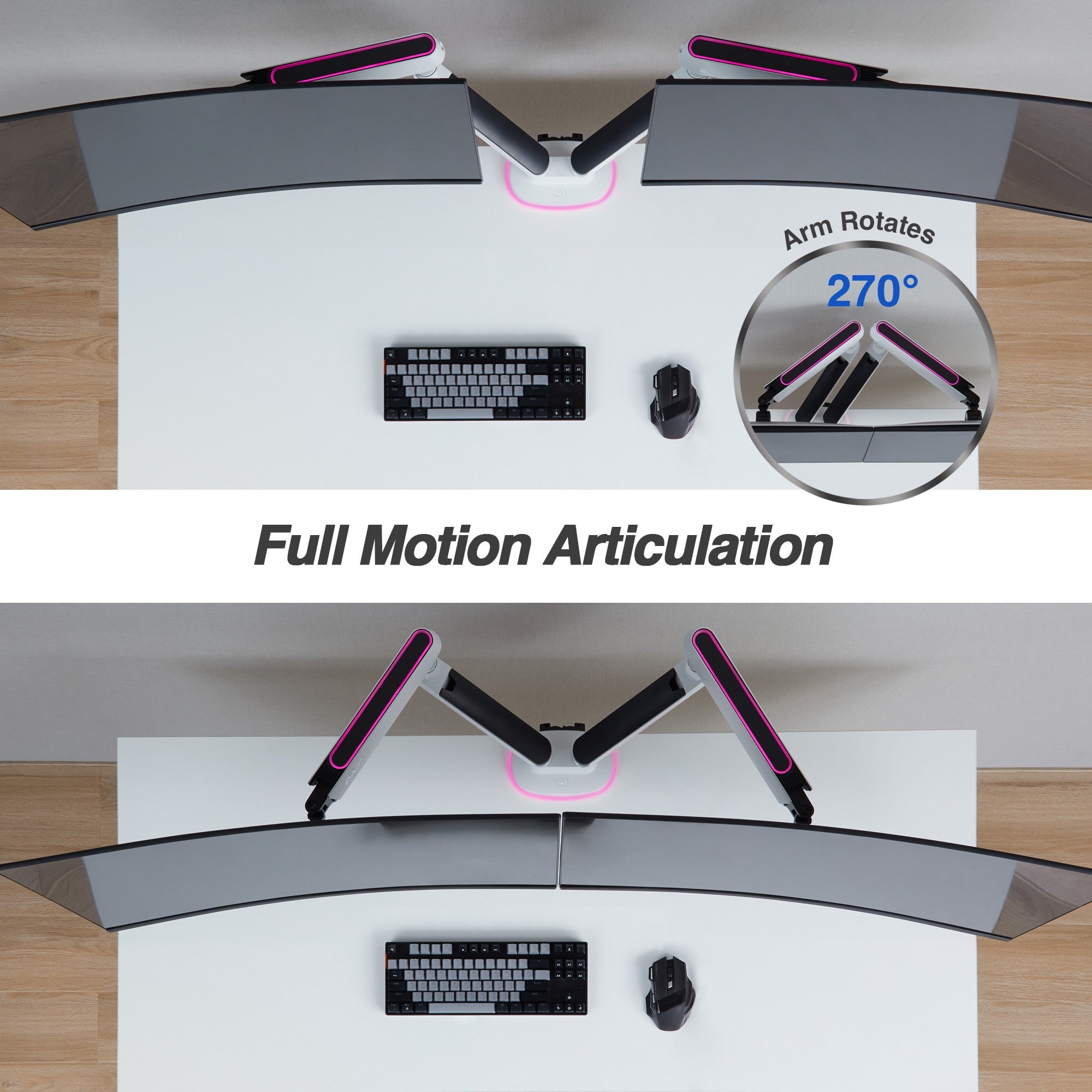 AVLT Dual 43-inch Monitor Desk Mount Touch Control RGB Gaming Lights - White