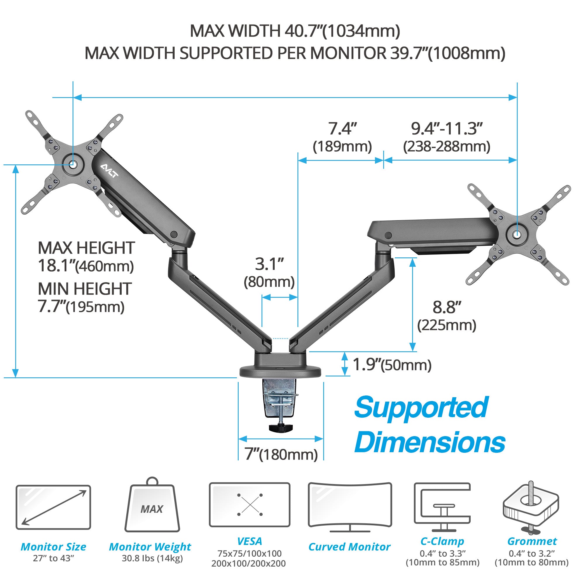 AVLT Dual 43-inch Monitor Desk Mount Touch Control RGB Gaming Lights - Gray