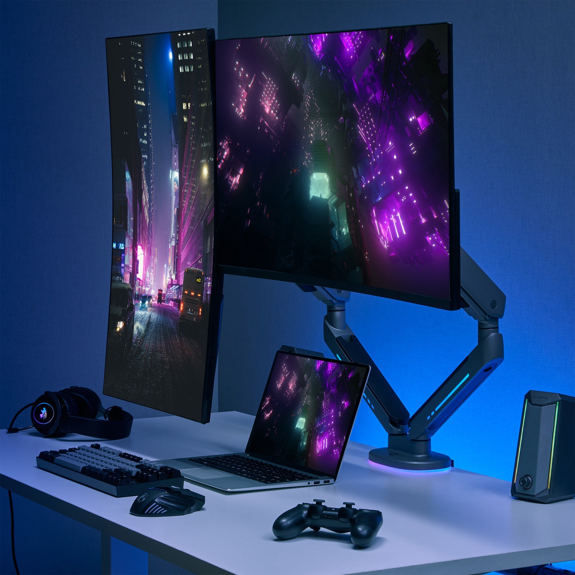 AVLT Dual 43-inch Monitor Desk Mount Touch Control RGB Gaming Lights - Gray