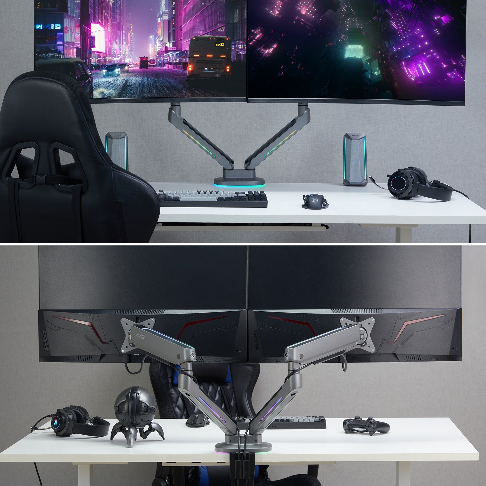 AVLT Dual 43-inch Monitor Desk Mount Touch Control RGB Gaming Lights - Gray