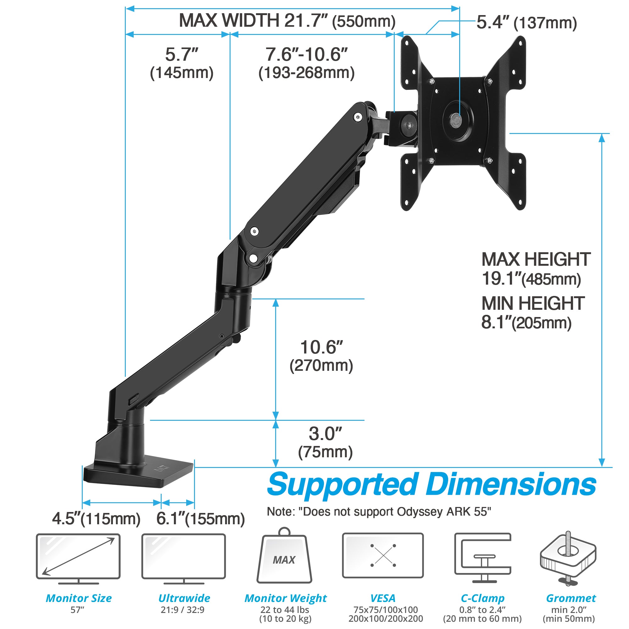 AVLT Single 57-inch Heavy Duty Monitor Arm Top Mount - Black