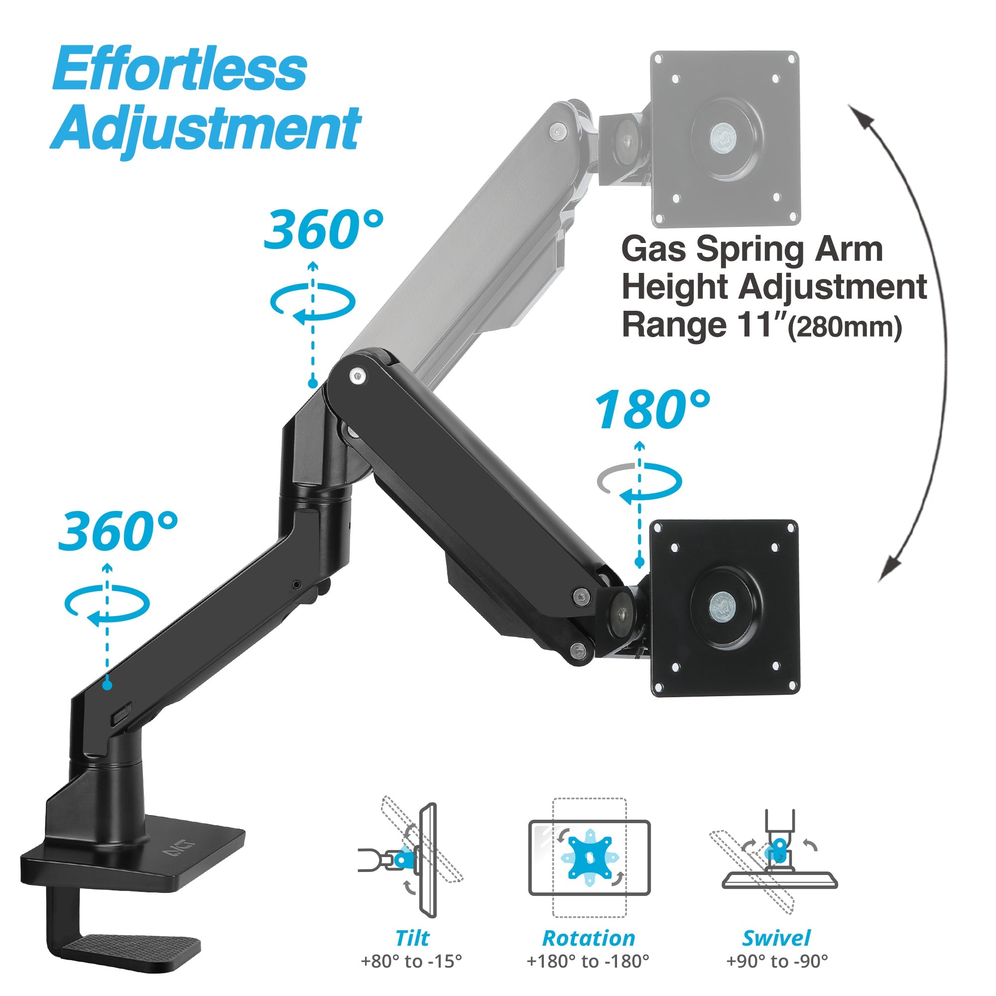 AVLT Single 57-inch Heavy Duty Monitor Arm Top Mount - Black