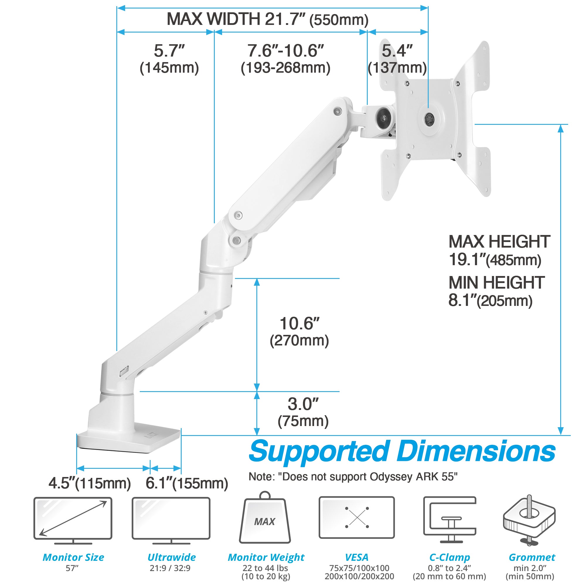 AVLT Single 57-inch Heavy Duty Monitor Arm Top Mount - White