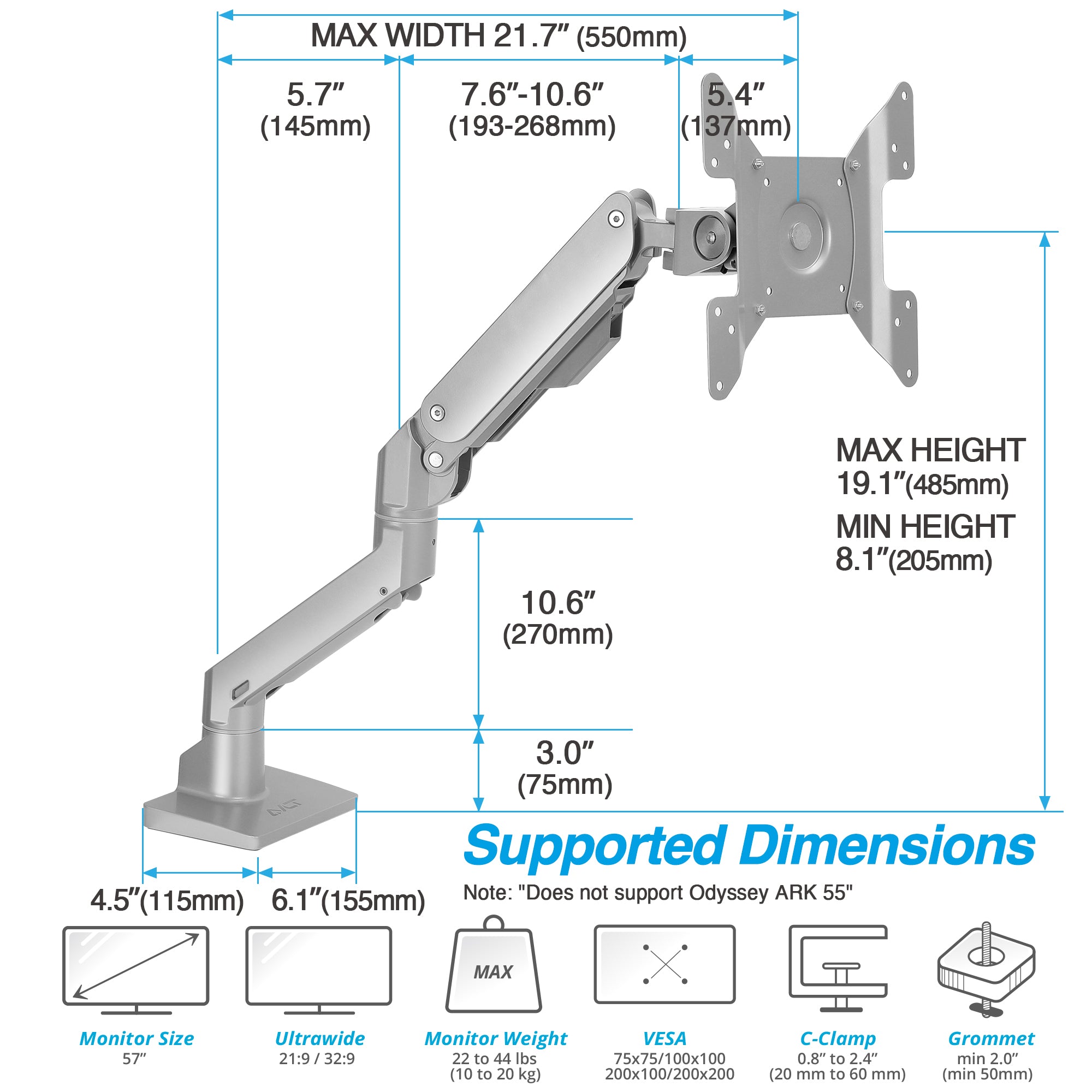 AVLT Single 57-inch Heavy Duty Monitor Arm Top Mount - Gray