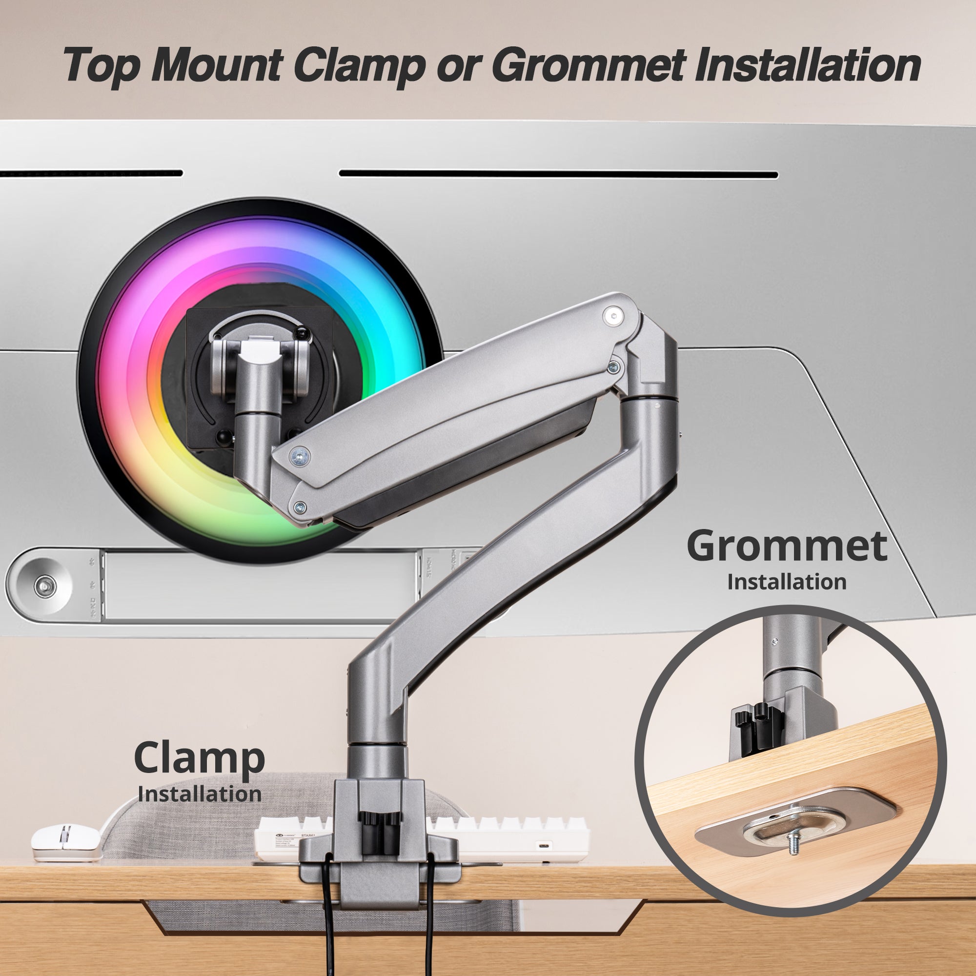 AVLT Single 57-inch Heavy Duty Monitor Arm Top Mount With USB-C USB-A Ports - Gray