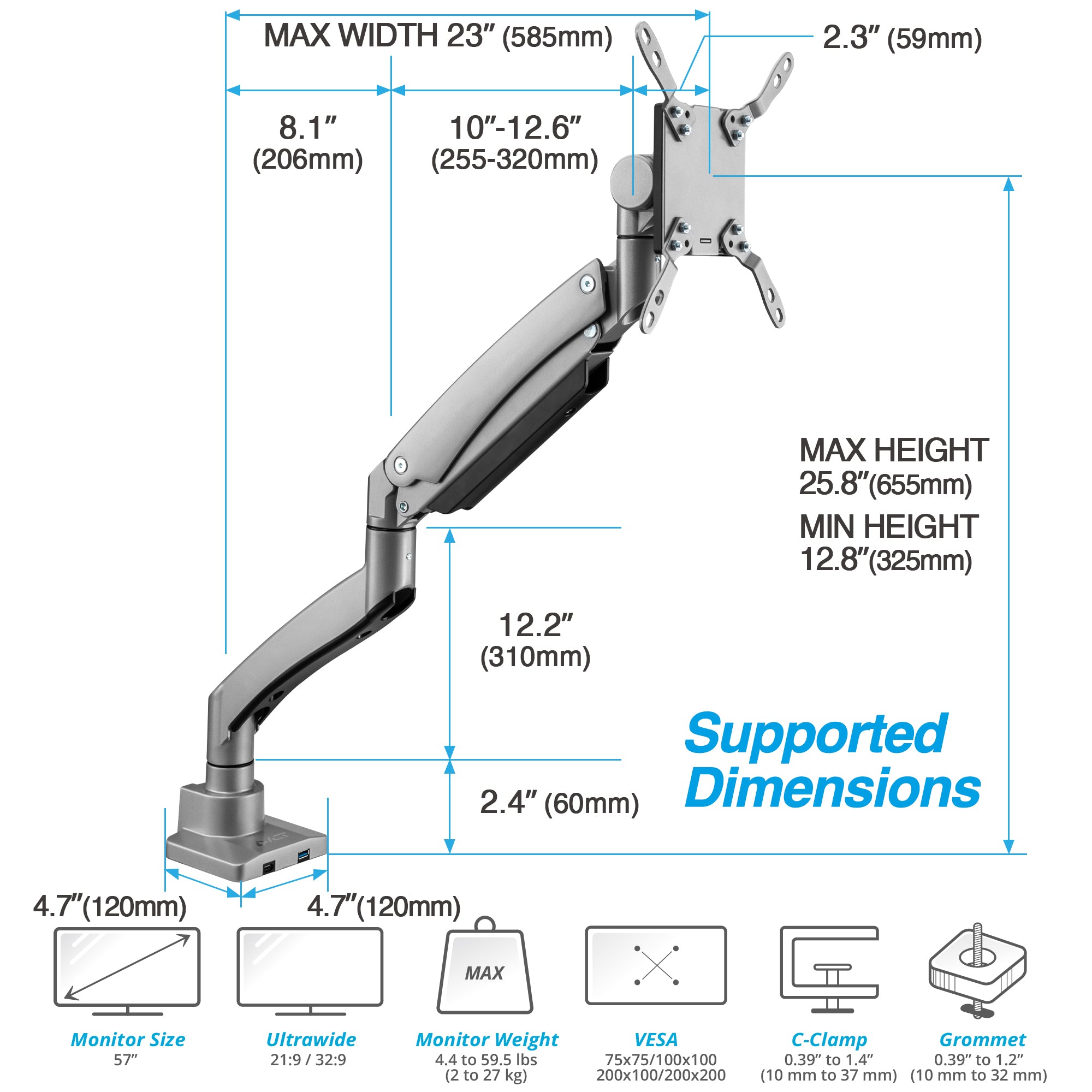 AVLT Single 57-inch Heavy Duty Monitor Arm Top Mount With USB-C USB-A Ports - Gray