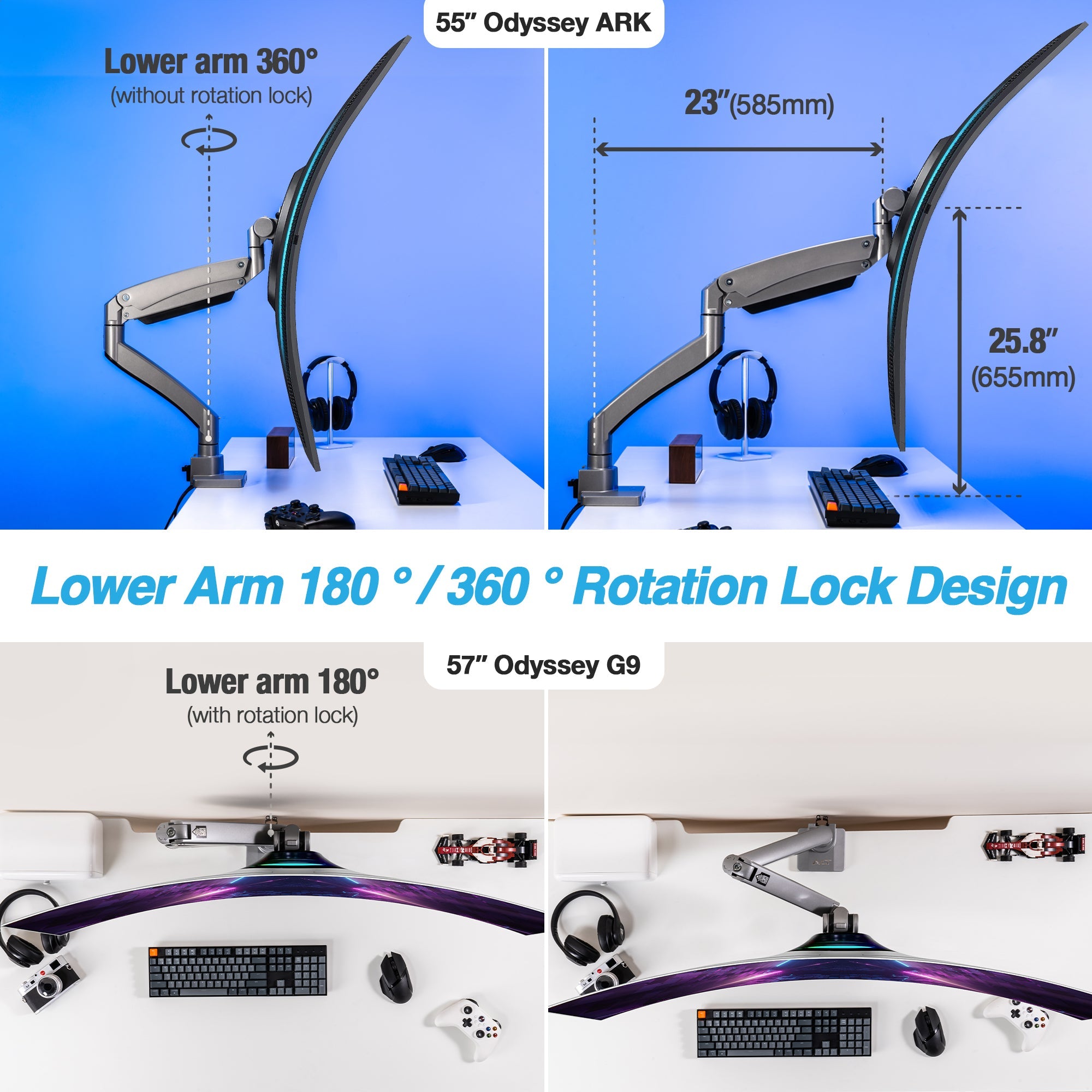 AVLT Single 57-inch Heavy Duty Monitor Arm Top Mount With USB-C USB-A Ports - Gray