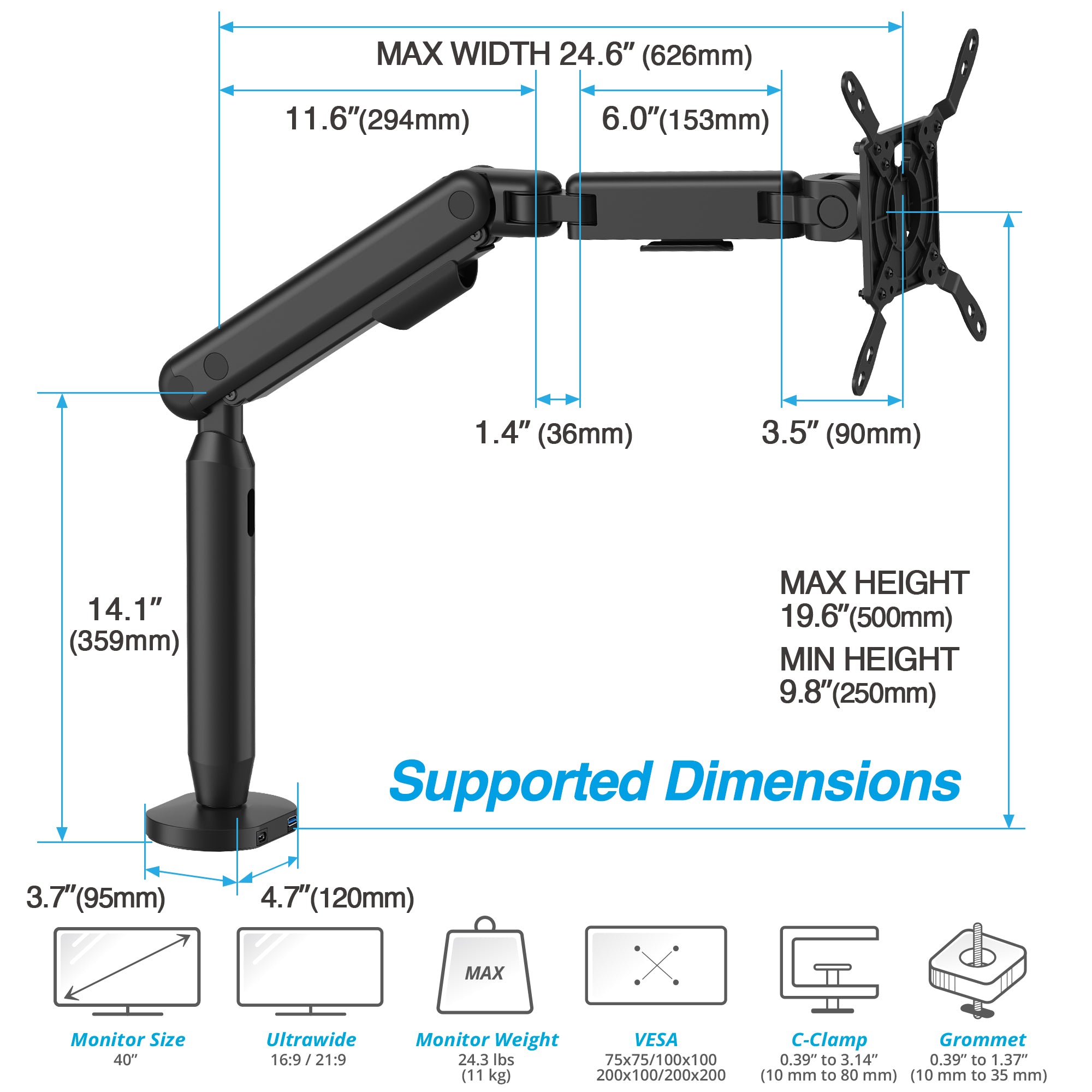 AVLT Single 40 Inch Easel Monitor Arm With USB-C USB-A Ports - Black
