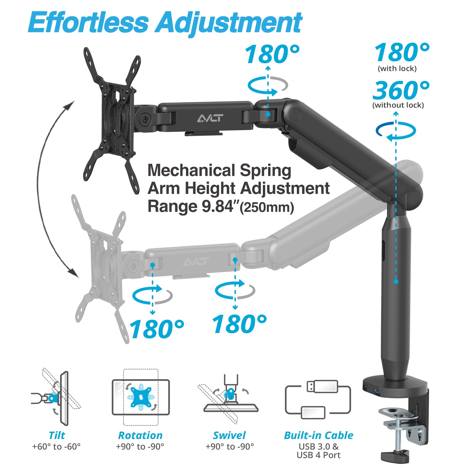 AVLT Single 40 Inch Easel Monitor Arm With USB-C USB-A Ports - Black