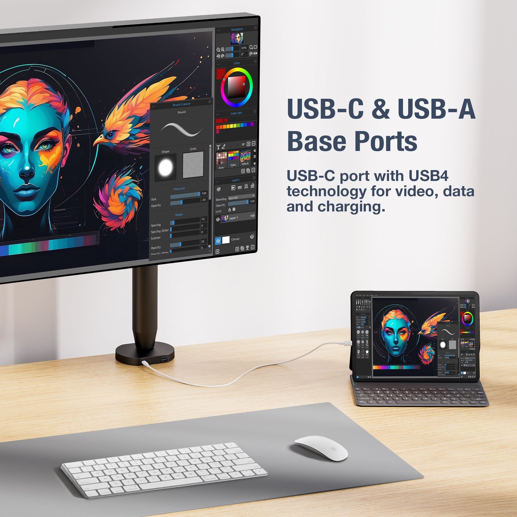 AVLT Single 40 Inch Easel Monitor Arm With USB-C USB-A Ports - Black
