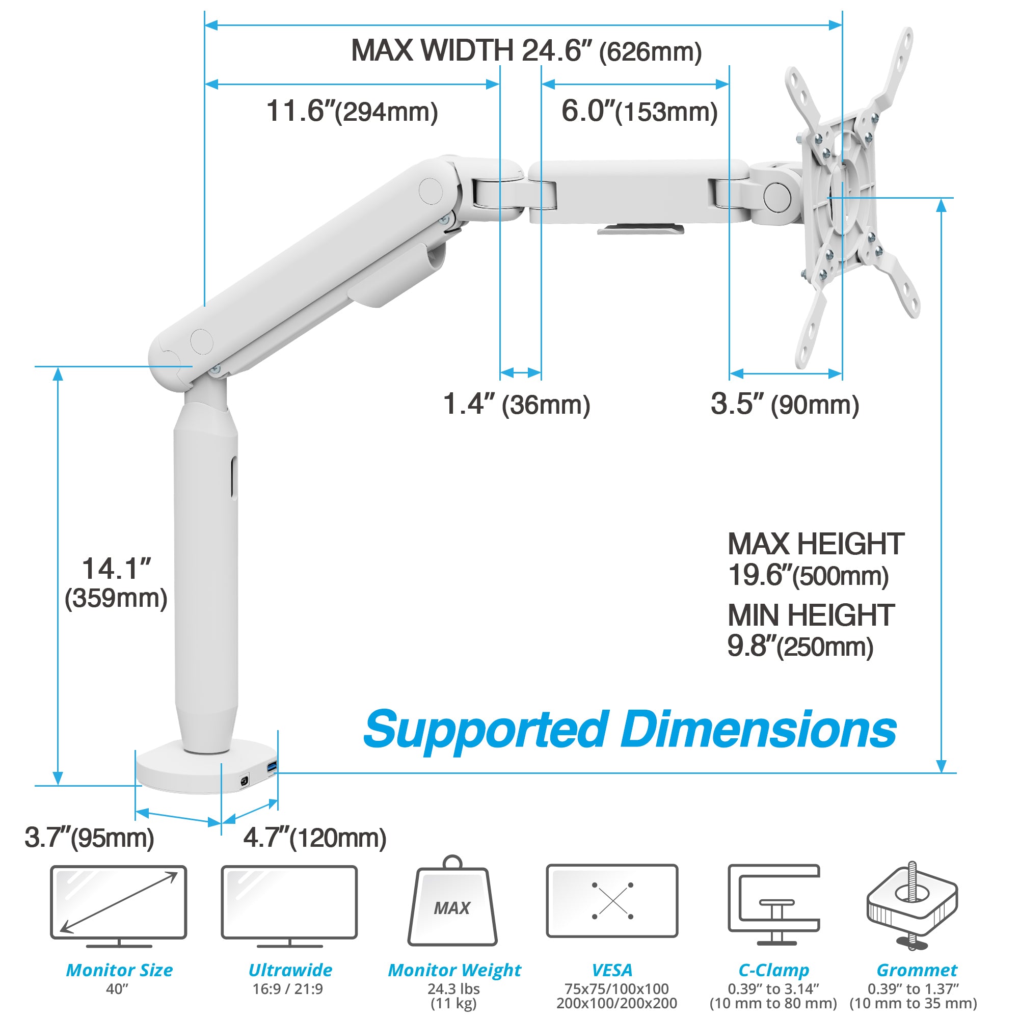 AVLT Single 40 Inch Easel Monitor Arm With USB-C USB-A Ports - White