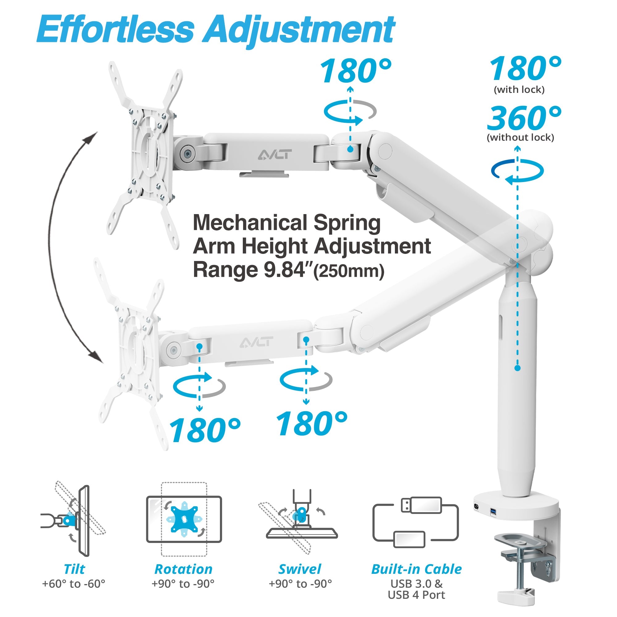 AVLT Single 40 Inch Easel Monitor Arm With USB-C USB-A Ports - White