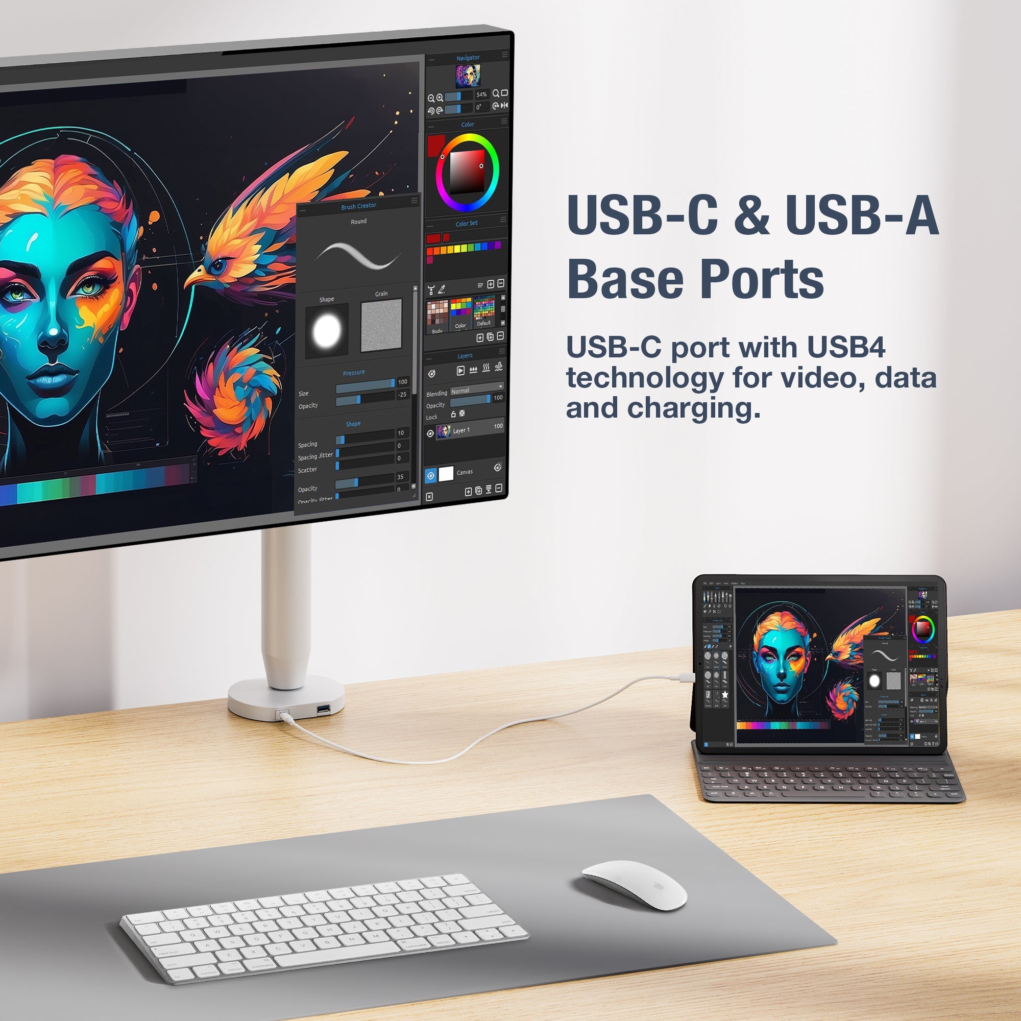 AVLT Single 40 Inch Easel Monitor Arm With USB-C USB-A Ports - White