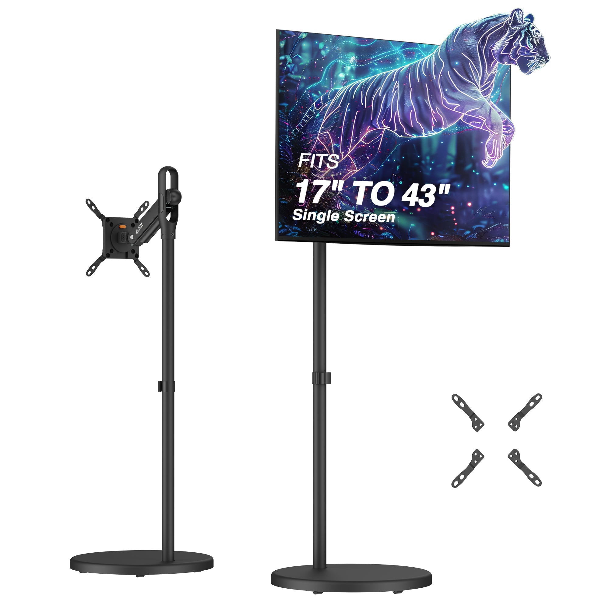 AVLT Single 43 Inch Portable Monitor Arm TV Rolling Stand With Heavy Base - Black
