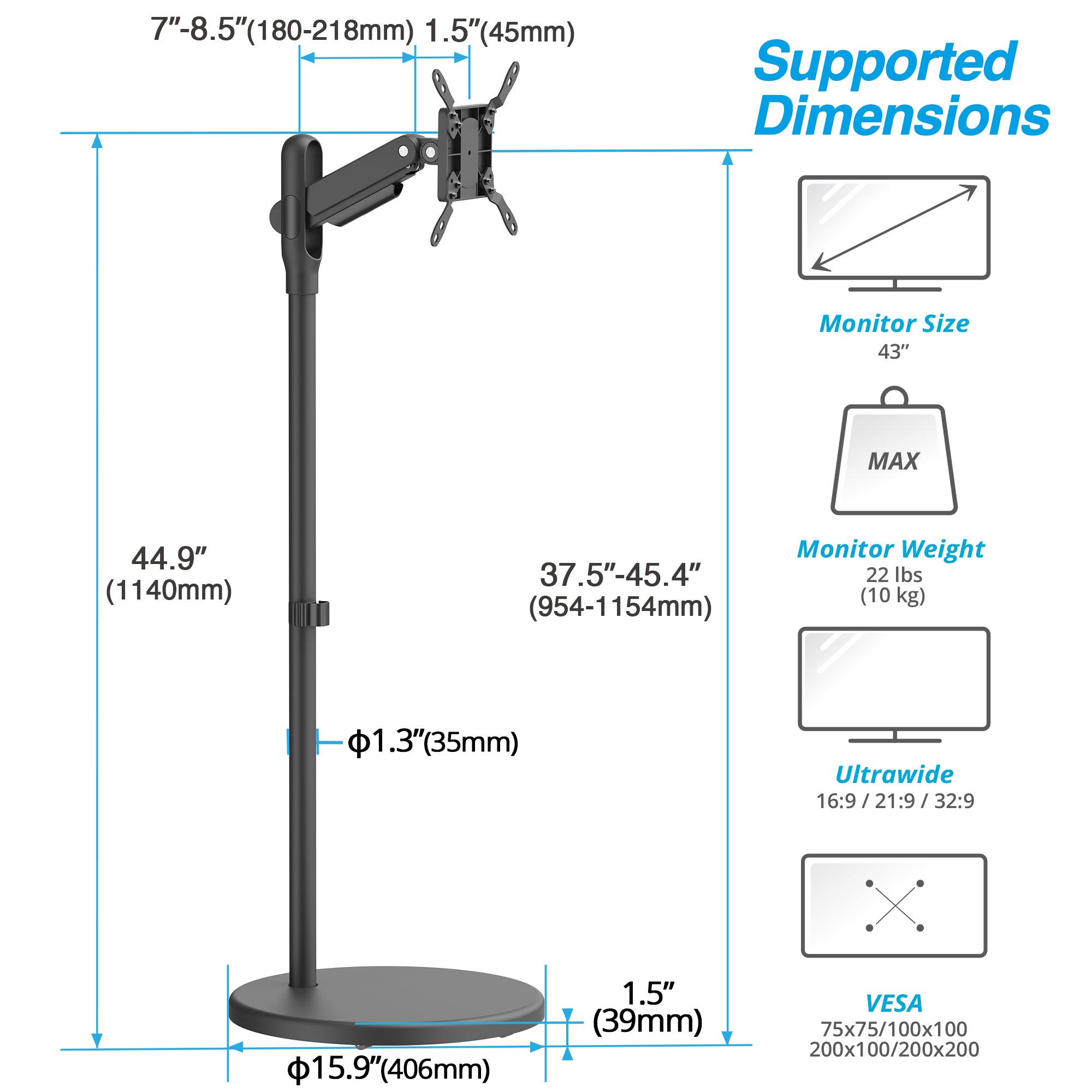 AVLT Single 43 Inch Portable Monitor Arm TV Rolling Stand With Heavy Base - Black