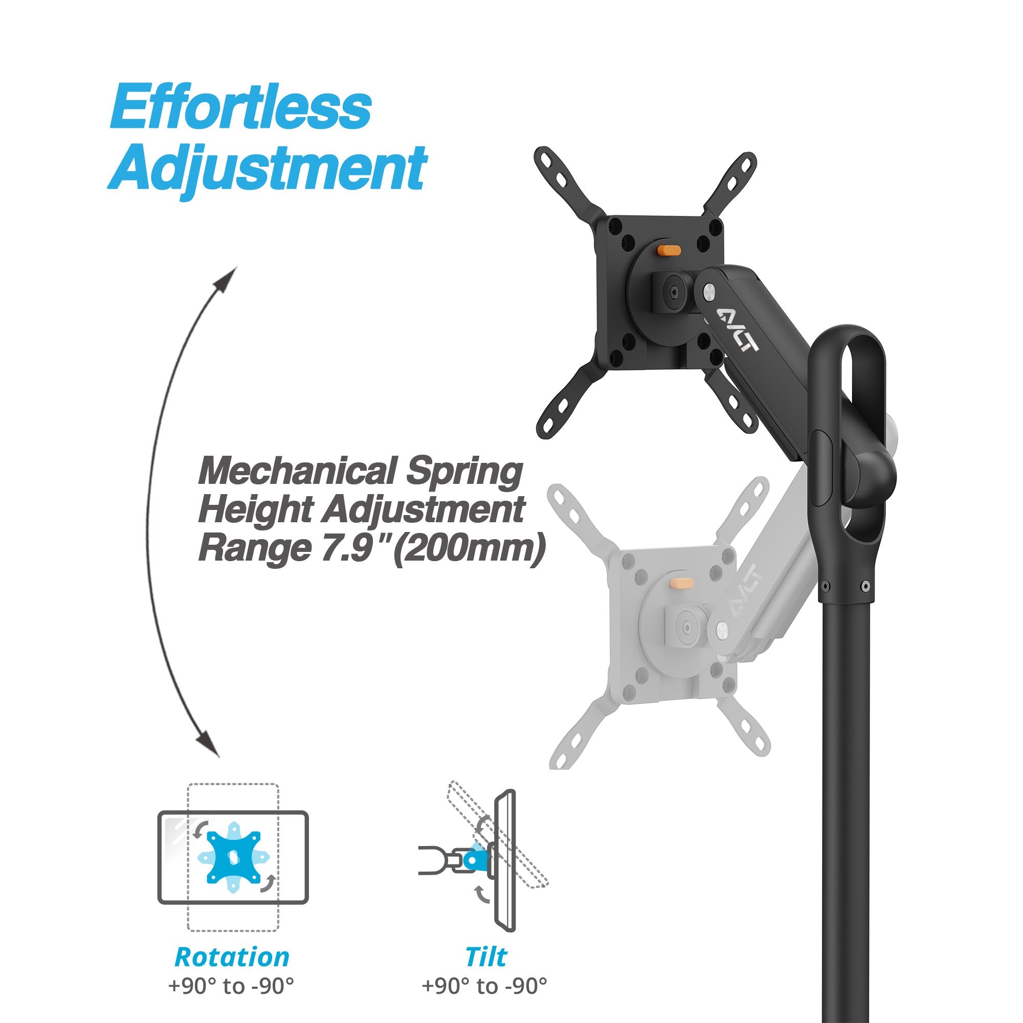 AVLT Single 43 Inch Portable Monitor Arm TV Rolling Stand With Heavy Base - Black