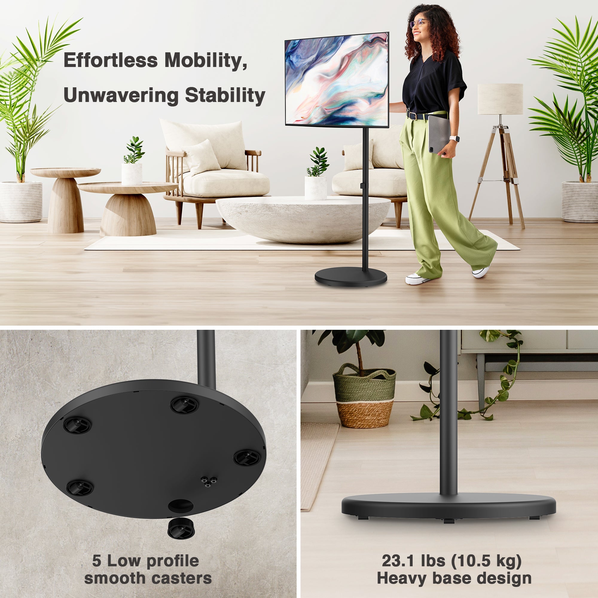 AVLT Single 43 Inch Portable Monitor Arm TV Rolling Stand With Heavy Base - Black