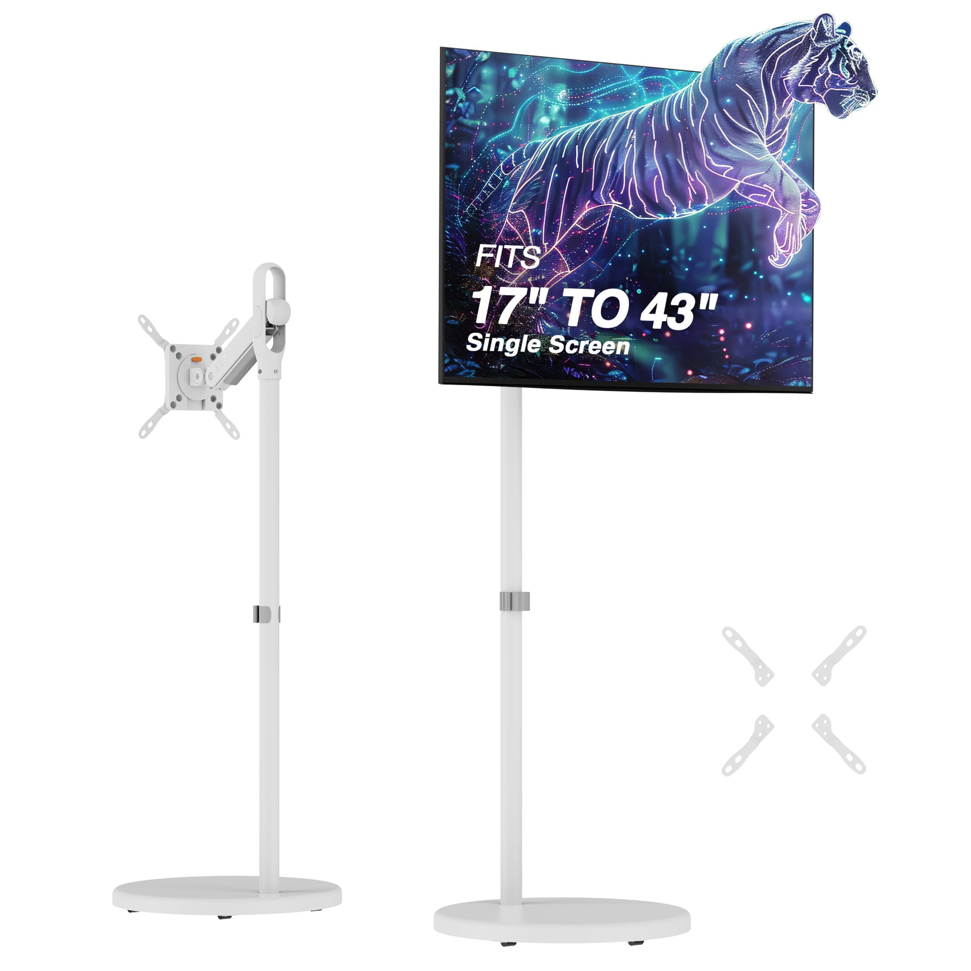 AVLT Single 43 Inch Portable Monitor Arm TV Rolling Stand With Heavy Base - White