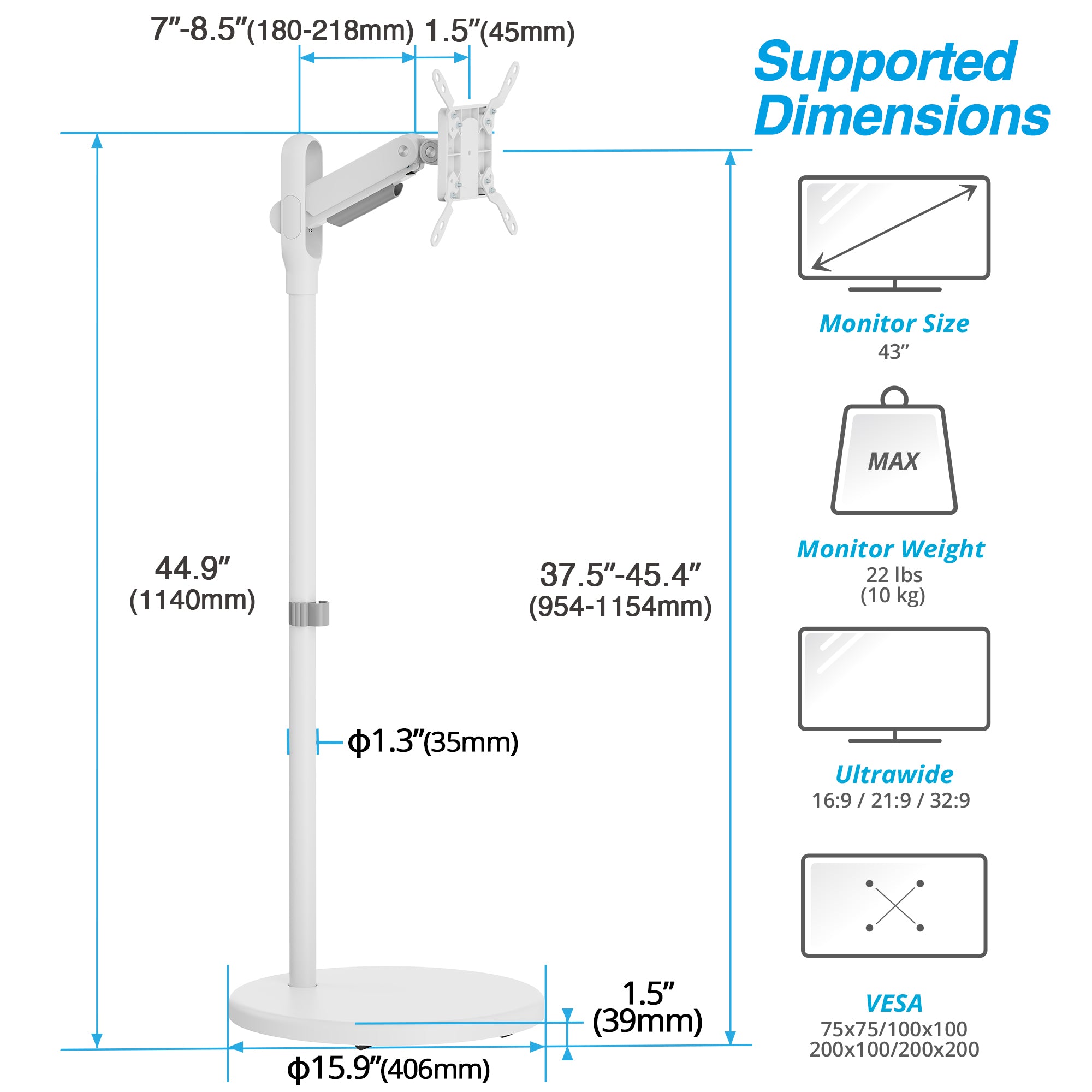 AVLT Single 43 Inch Portable Monitor Arm TV Rolling Stand With Heavy Base - White