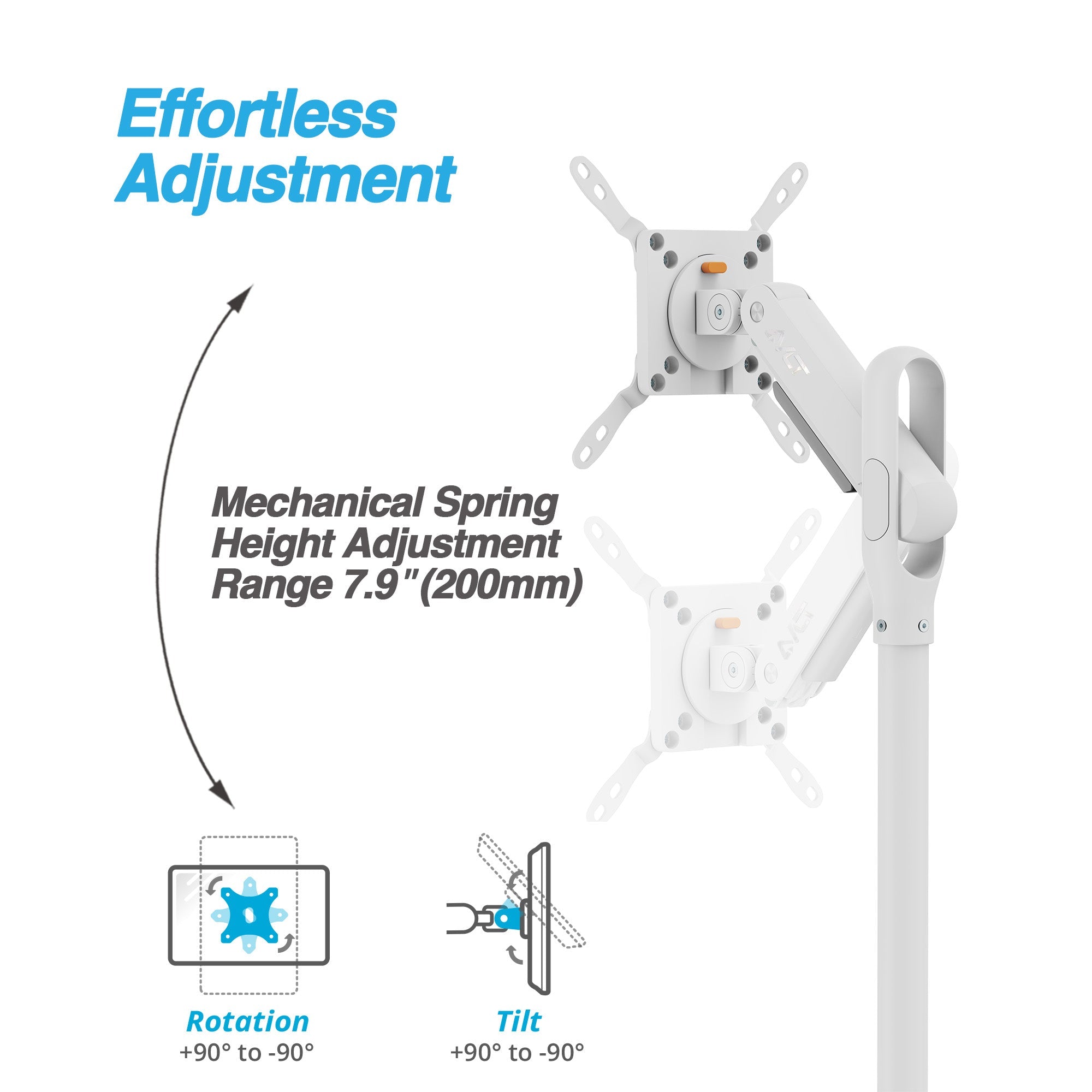 AVLT Single 43 Inch Portable Monitor Arm TV Rolling Stand With Heavy Base - White