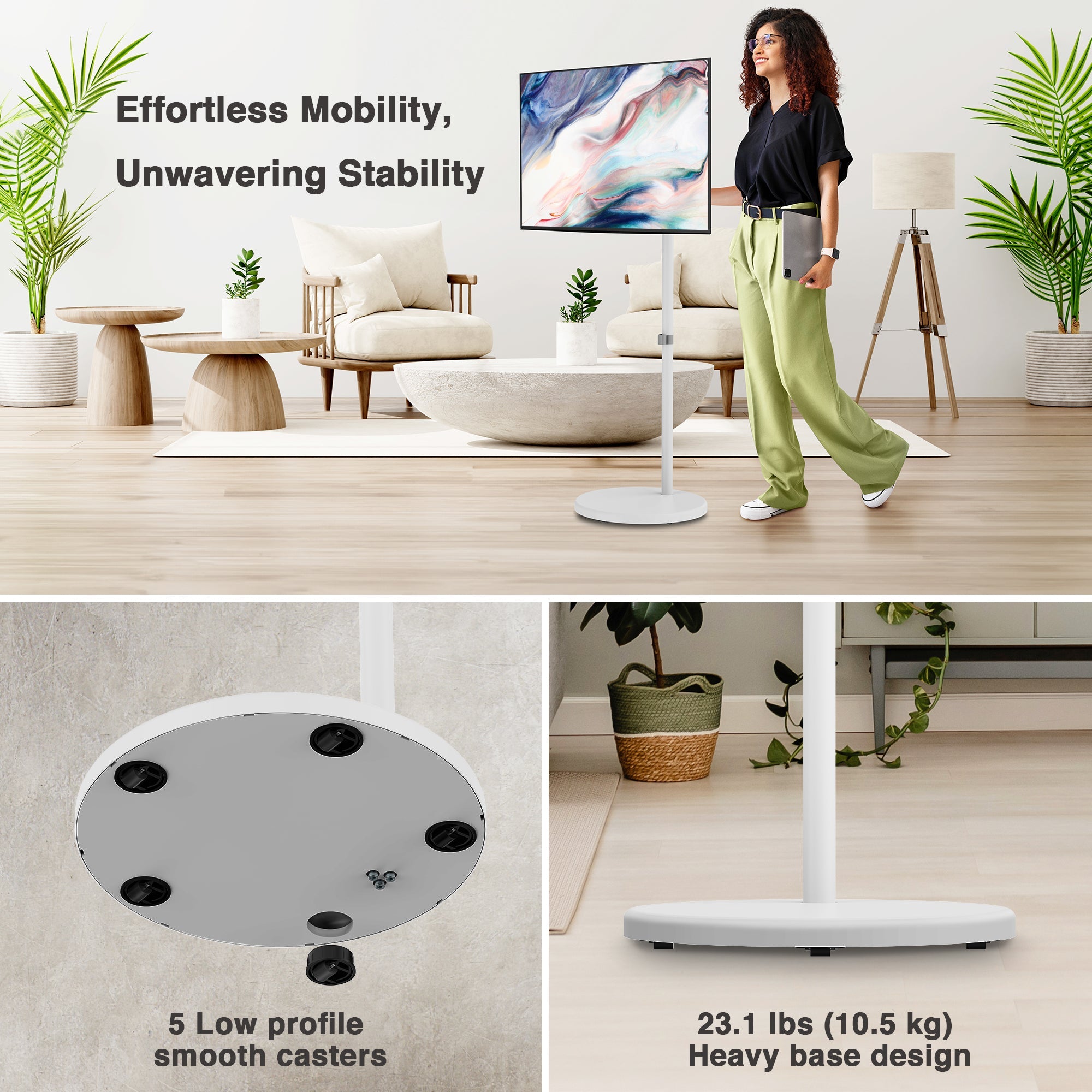 AVLT Single 43 Inch Portable Monitor Arm TV Rolling Stand With Heavy Base - White