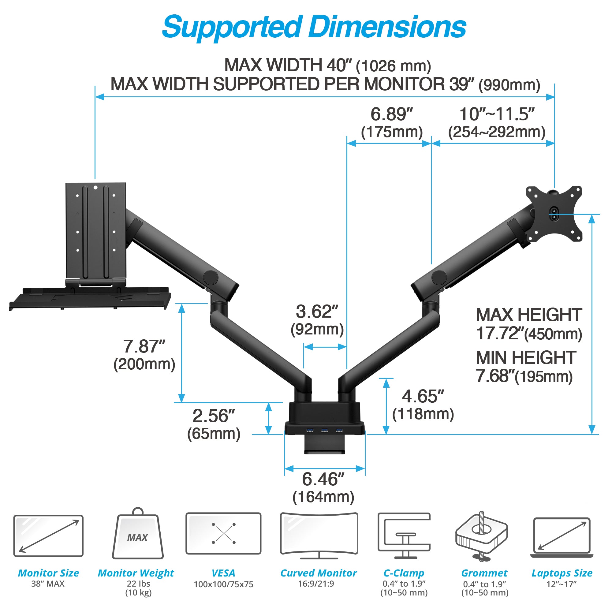 AVLT Laptop & 38 Inch Monitor Desk Mount USB-C Dual Mount Dock - Black