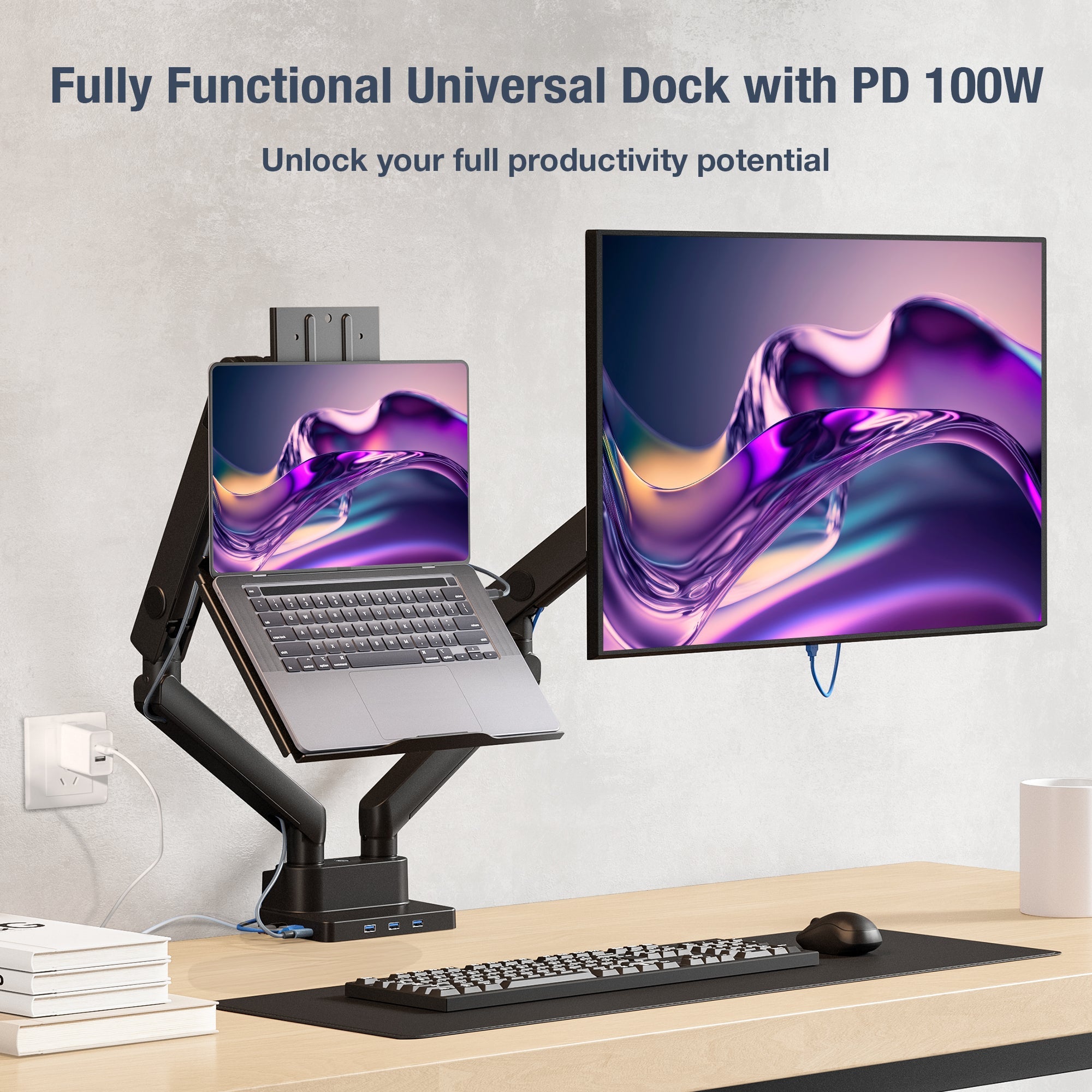 AVLT Laptop & 38 Inch Monitor Desk Mount USB-C Dual Mount Dock - Black