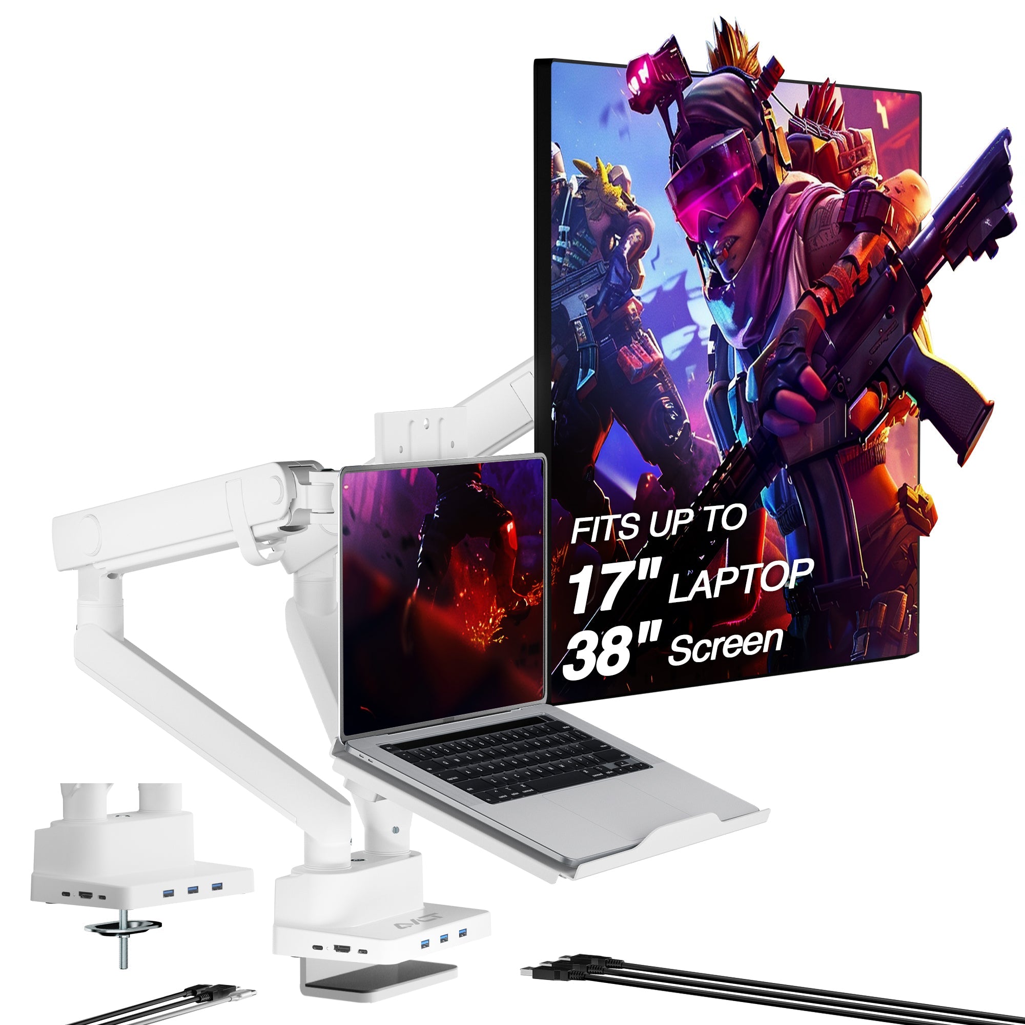 AVLT Laptop & 38 Inch Monitor Desk Mount USB-C Dual Mount Dock - White