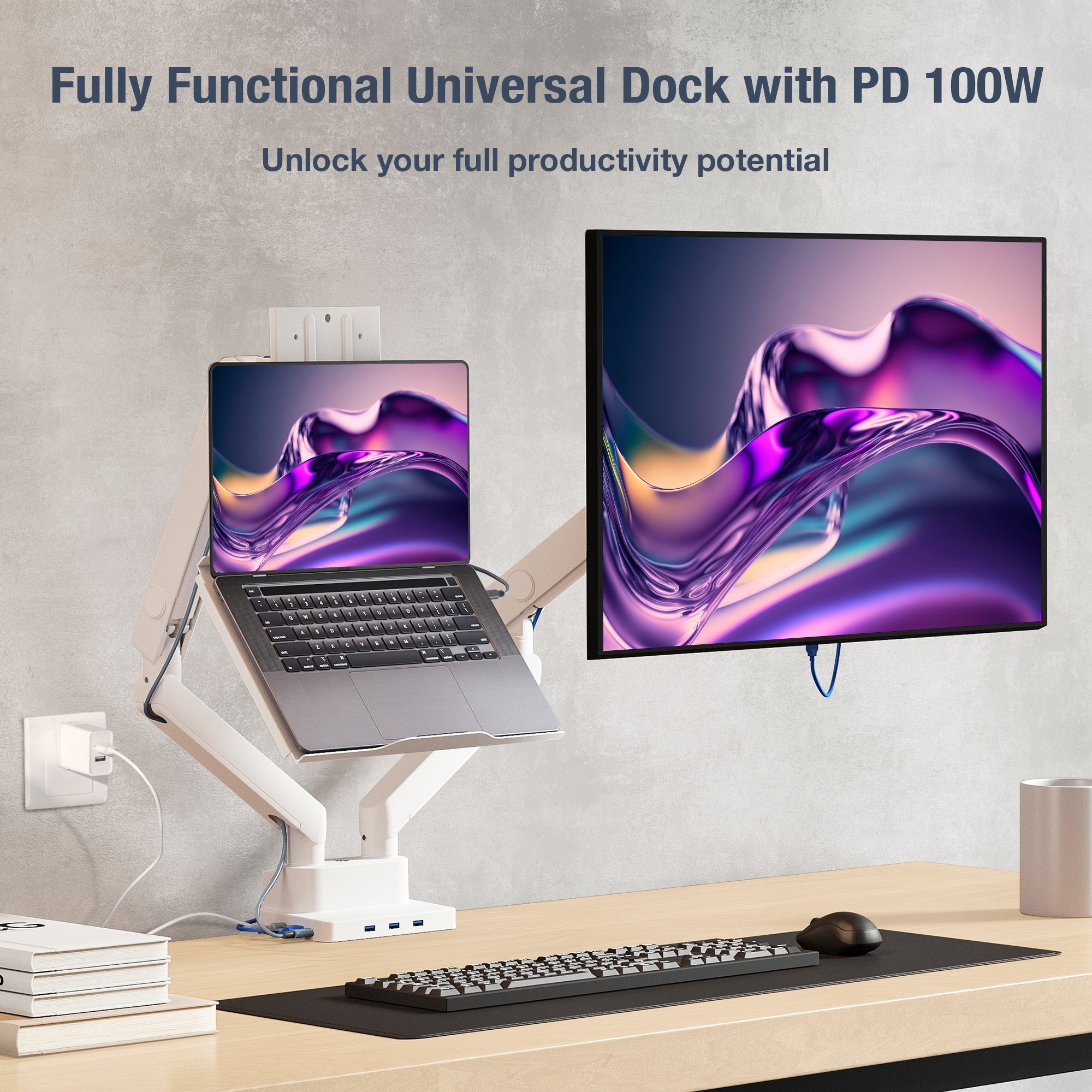 AVLT Laptop & 38 Inch Monitor Desk Mount USB-C Dual Mount Dock - White