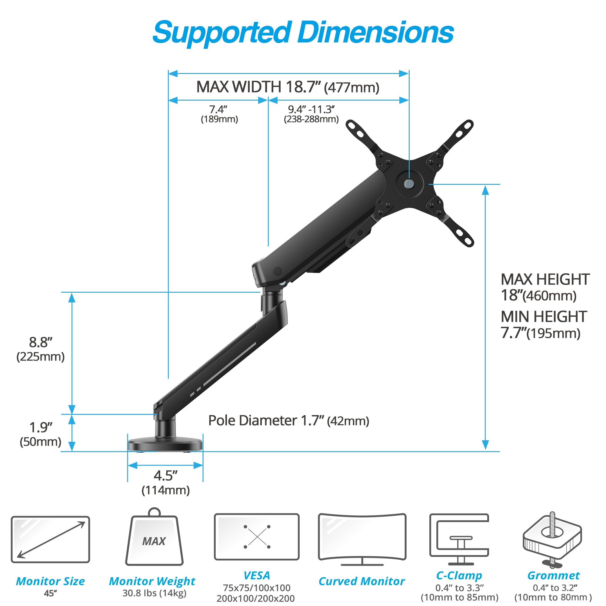 AVLT Single 45-inch Monitor Desk Mount Touch Control RGB Gaming Lights - Black
