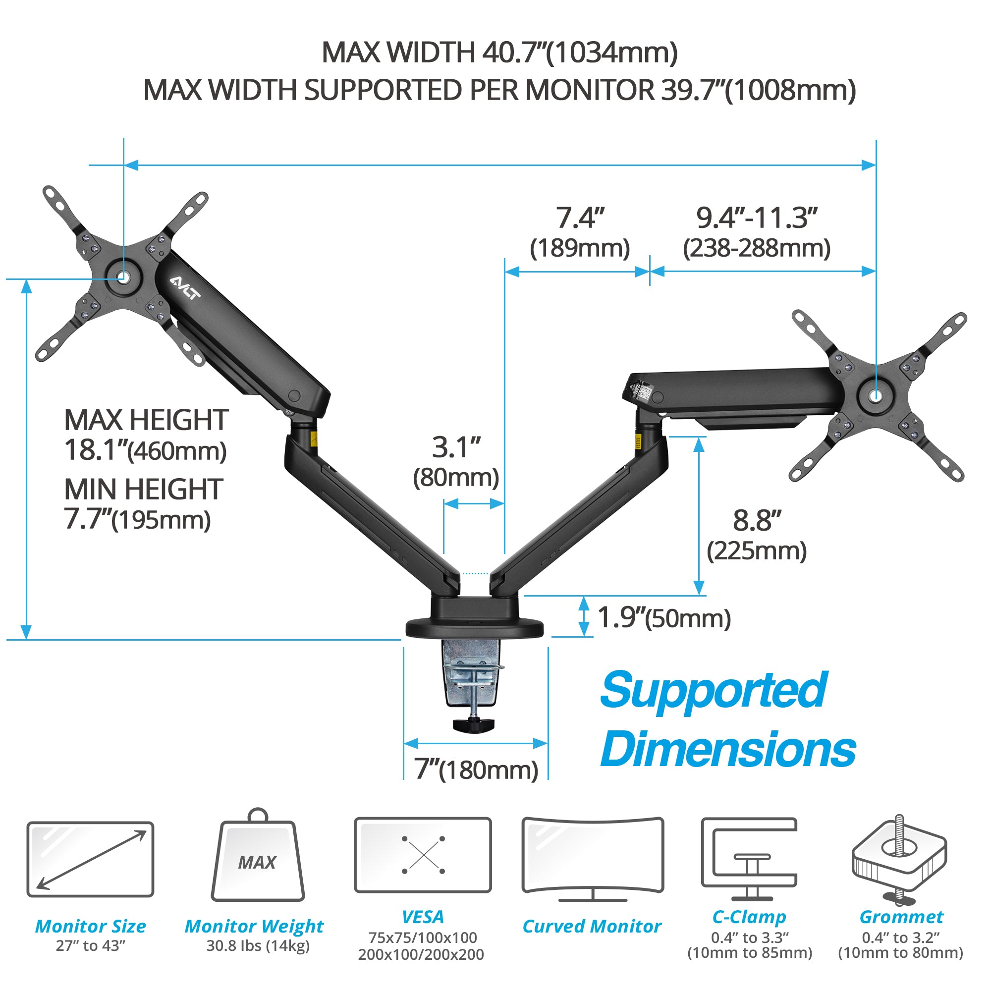 AVLT Dual 43-inch Monitor Desk Mount Touch Control RGB Gaming Lights - Black