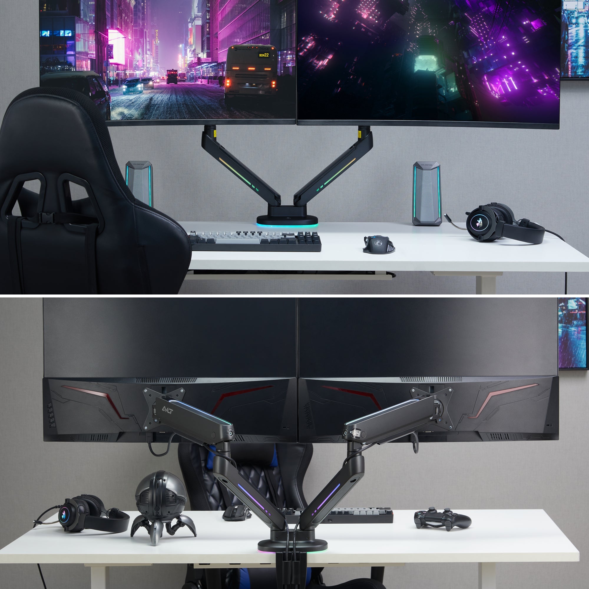 AVLT Dual 43-inch Monitor Desk Mount Touch Control RGB Gaming Lights - Black