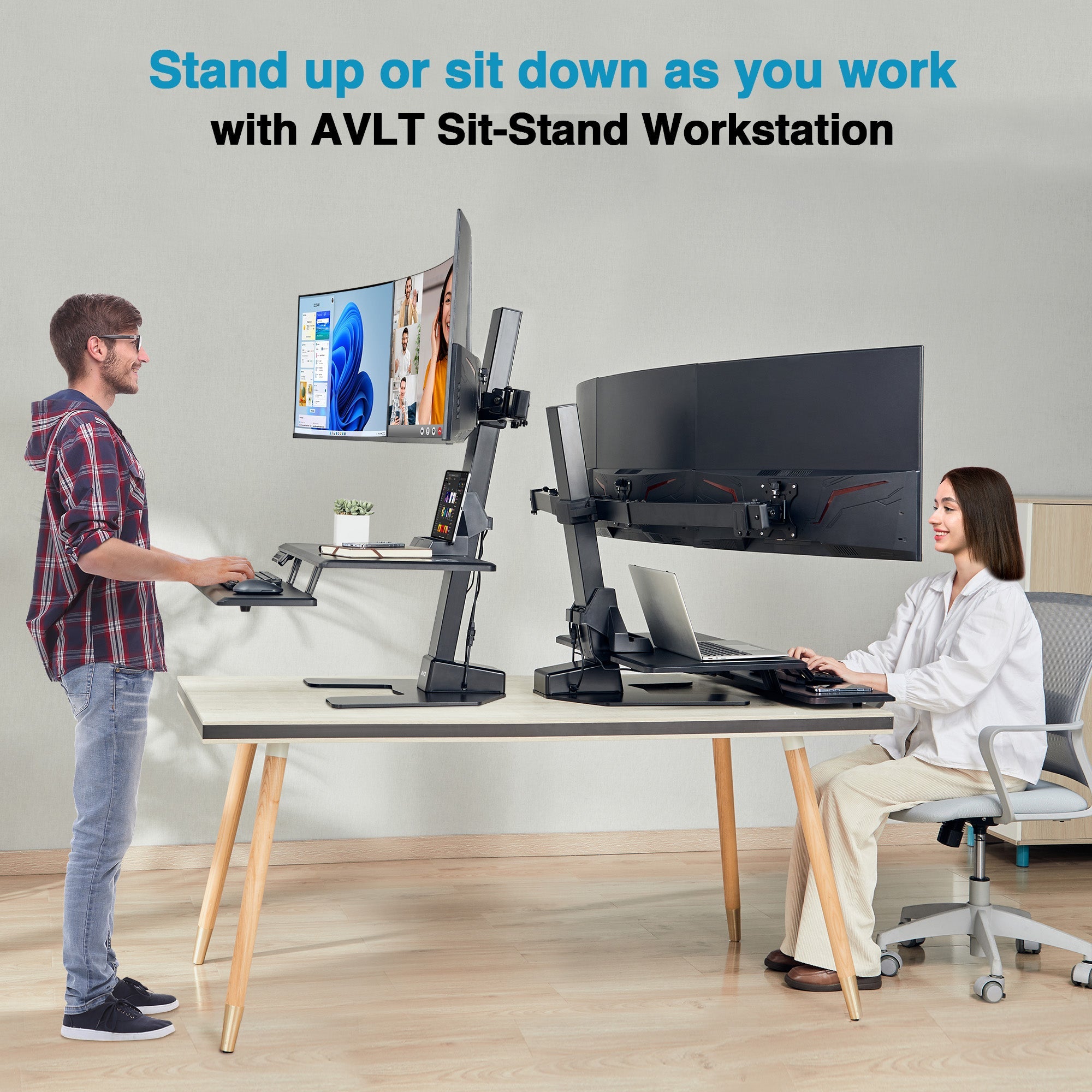 AVLT Electric Triple Monitor Sit-Stand Workstation - Black