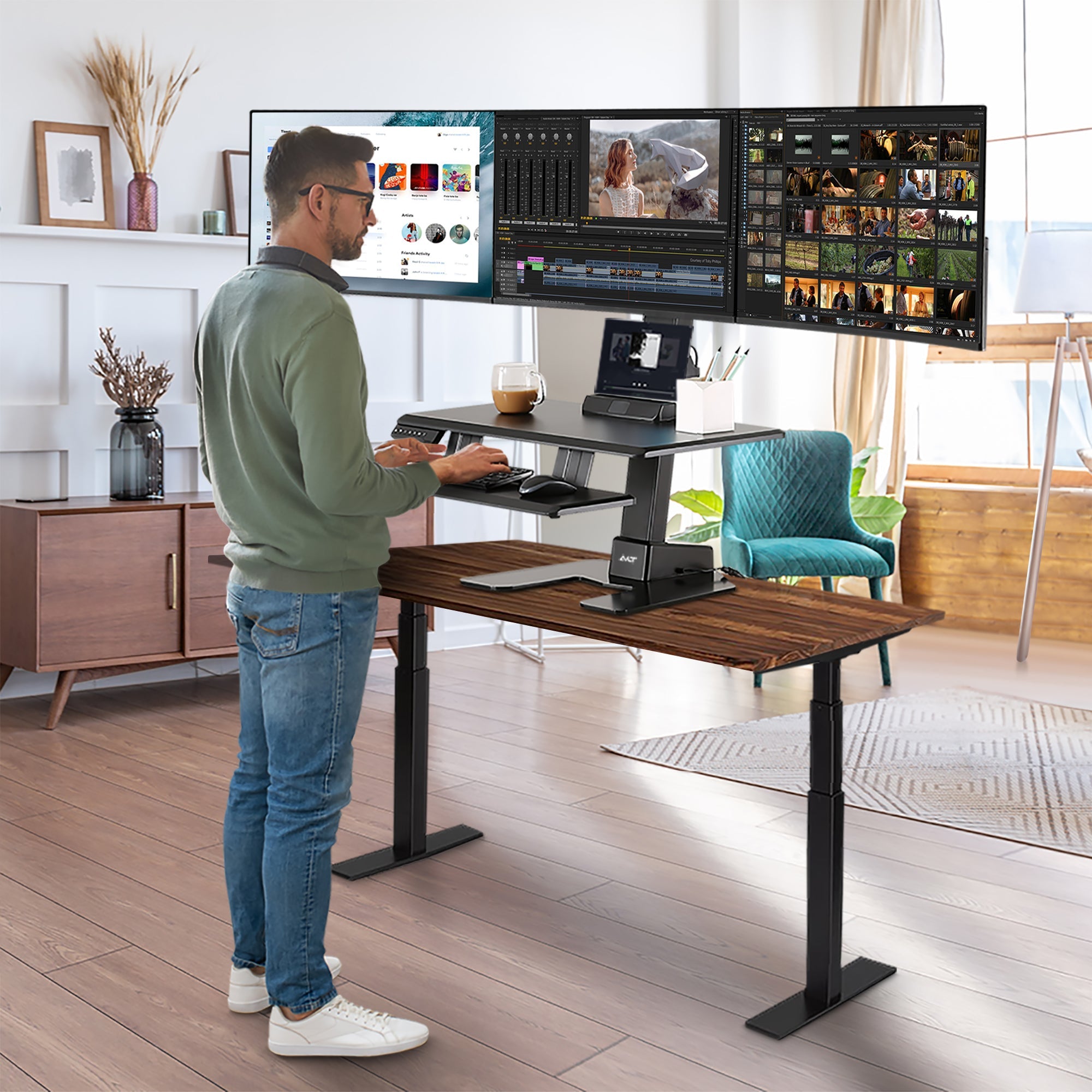AVLT Electric Triple Monitor Sit-Stand Workstation - Black