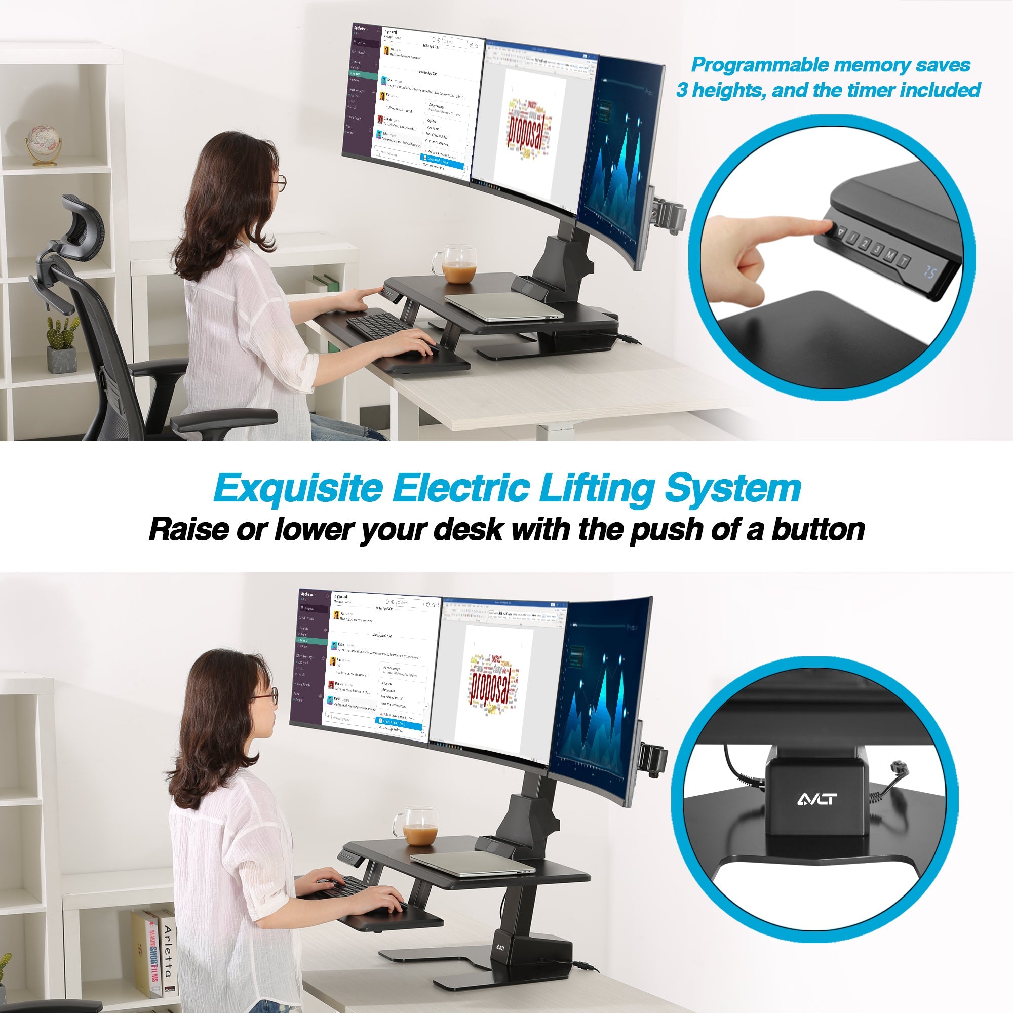 AVLT Electric Triple Monitor Sit-Stand Workstation - Black