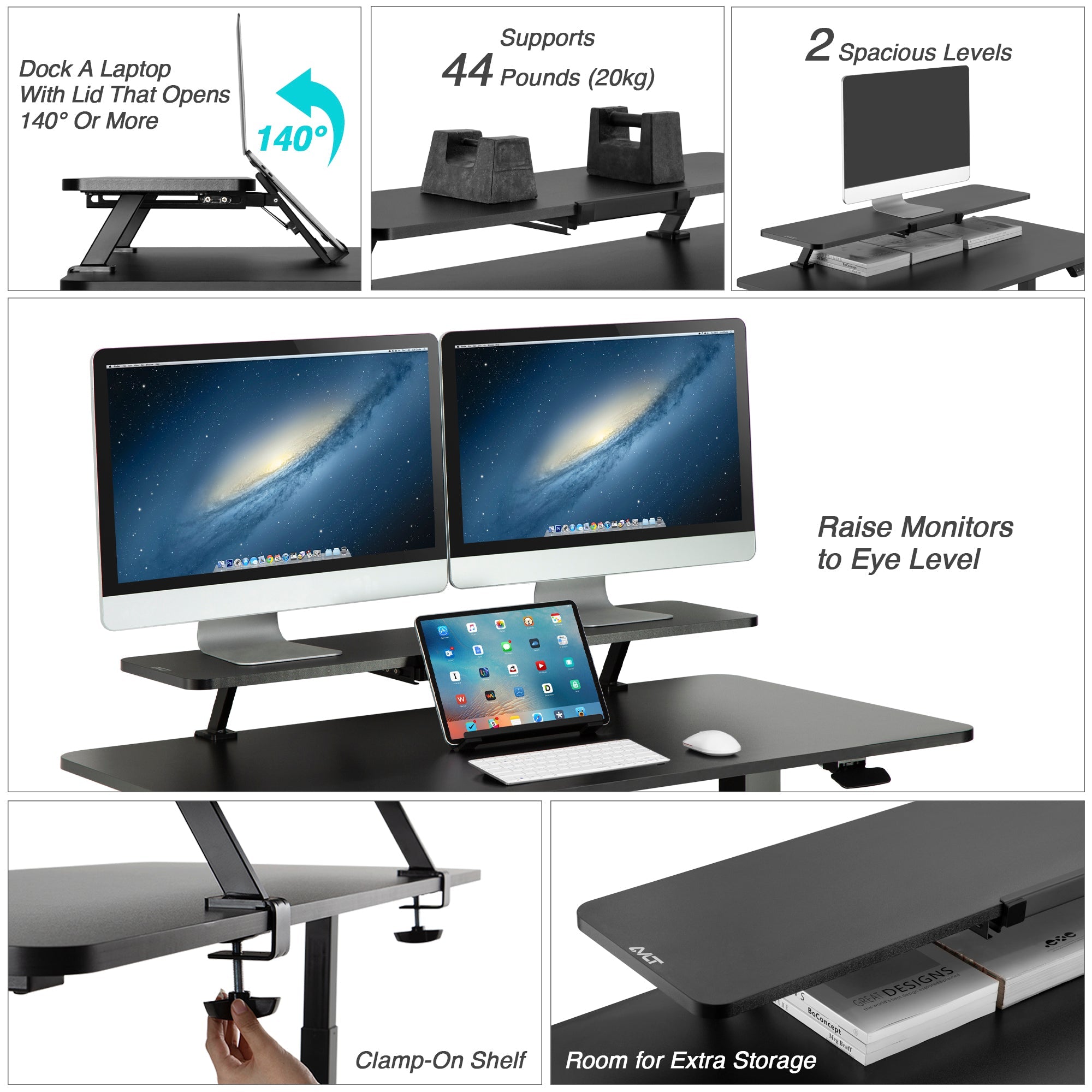 AVLT Clamp-On Monitor Stand Shelf with Holder for Standing Desk - Black