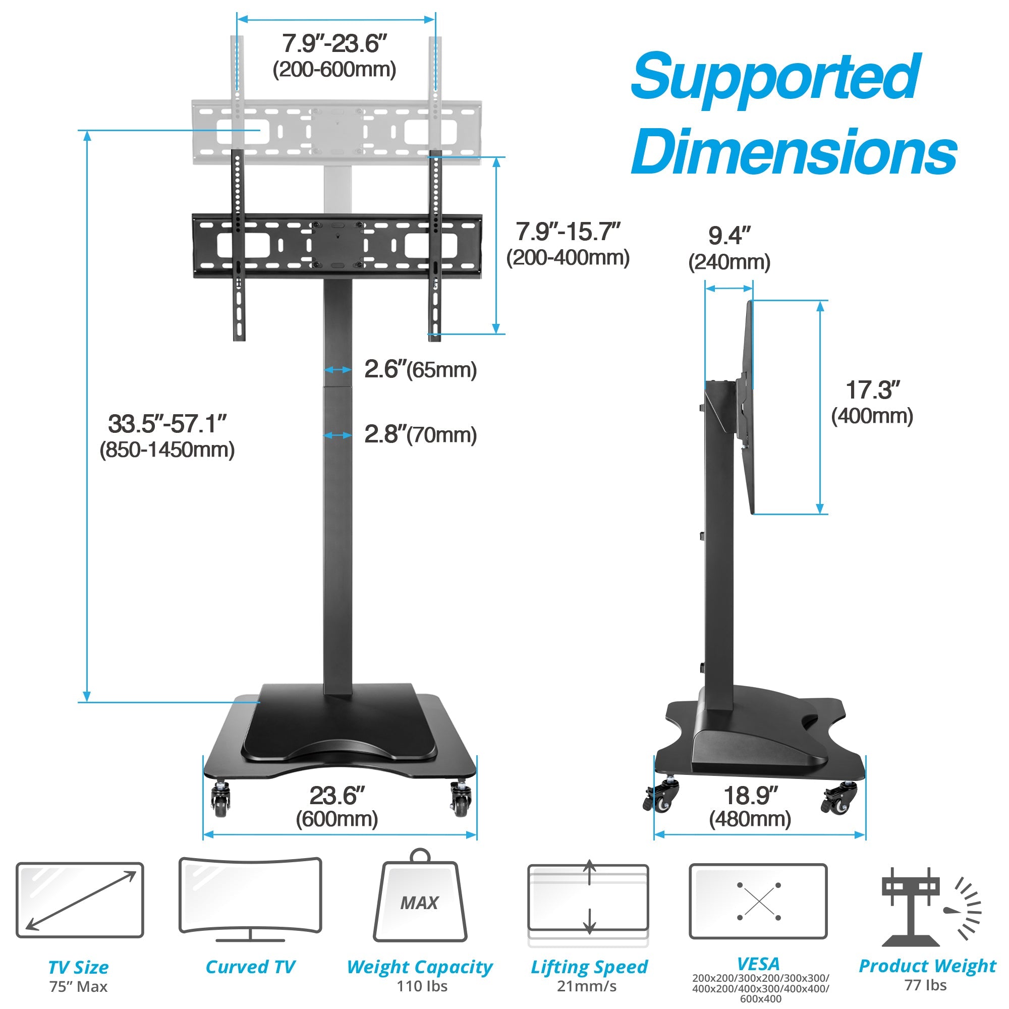 AVLT Motorized TV Lift Floor Rolling Stand - Black
